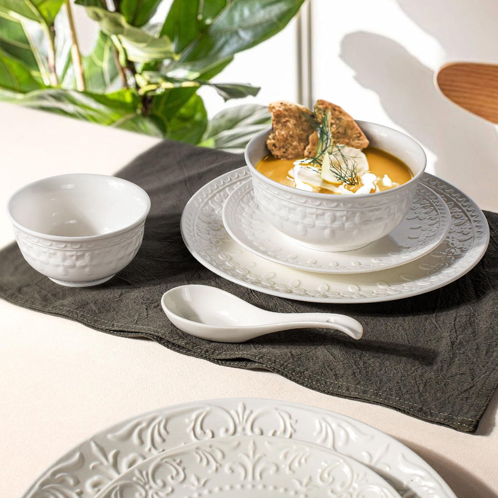 Large Salad Bowls Set of 4, 60oz White Serving Bowls Deep Deep Embossed Ceramic Mixing Bowl for Soup Kitchen, Eating, Ramen, Pasta, Dishwasher & Microwave Safe 8 inch (Multiple Patterns)