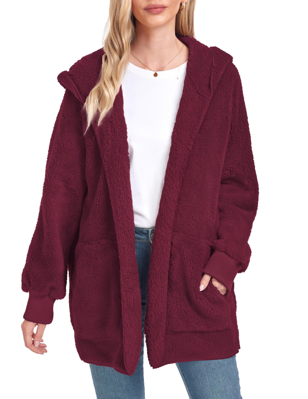 CHICGAL Womens Fuzzy Jacket Hooded Cardigan Open Front Sherpa Coat Outwear with Pockets