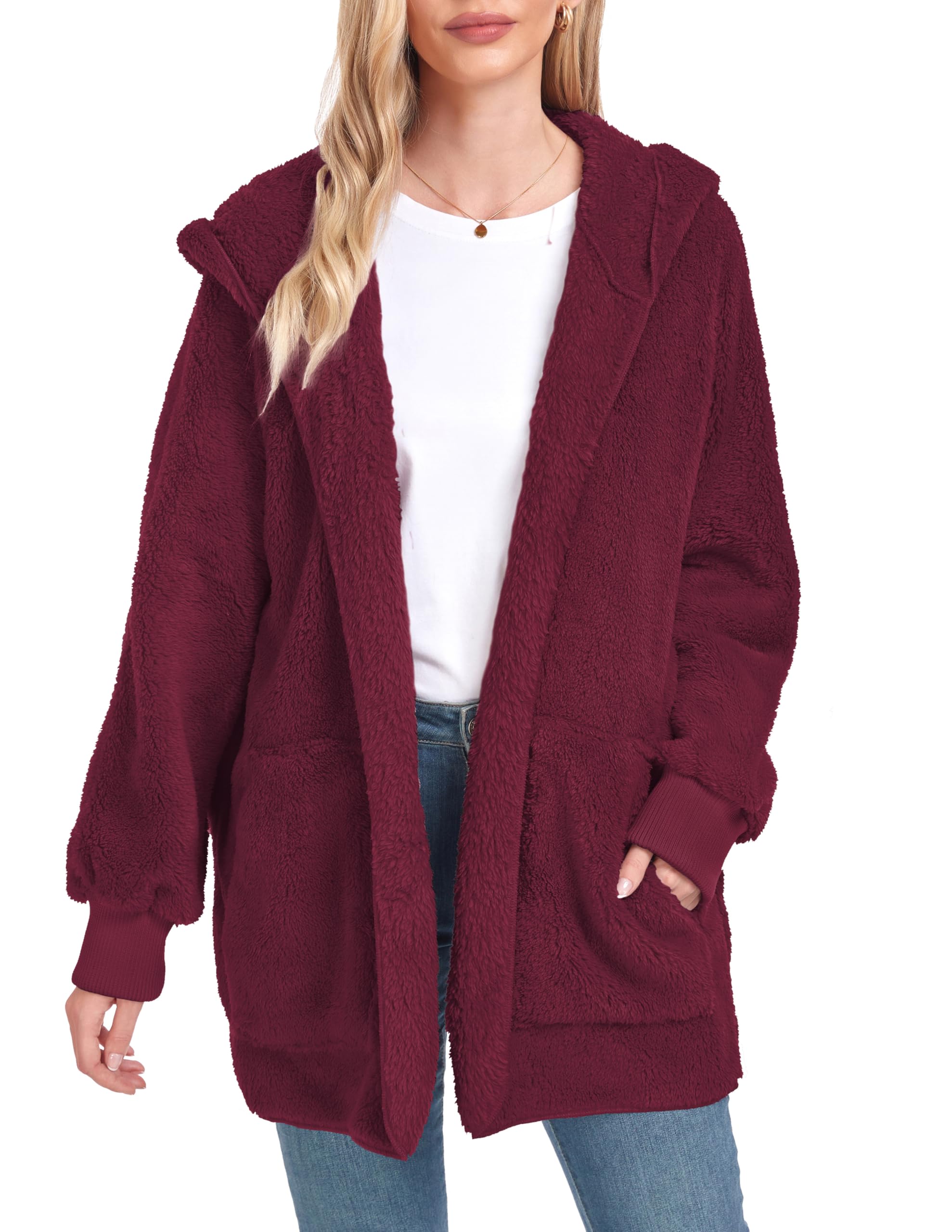 CHICGAL Womens Fuzzy Jacket Hooded Cardigan Open Front Sherpa Coat Outwear with Pockets
