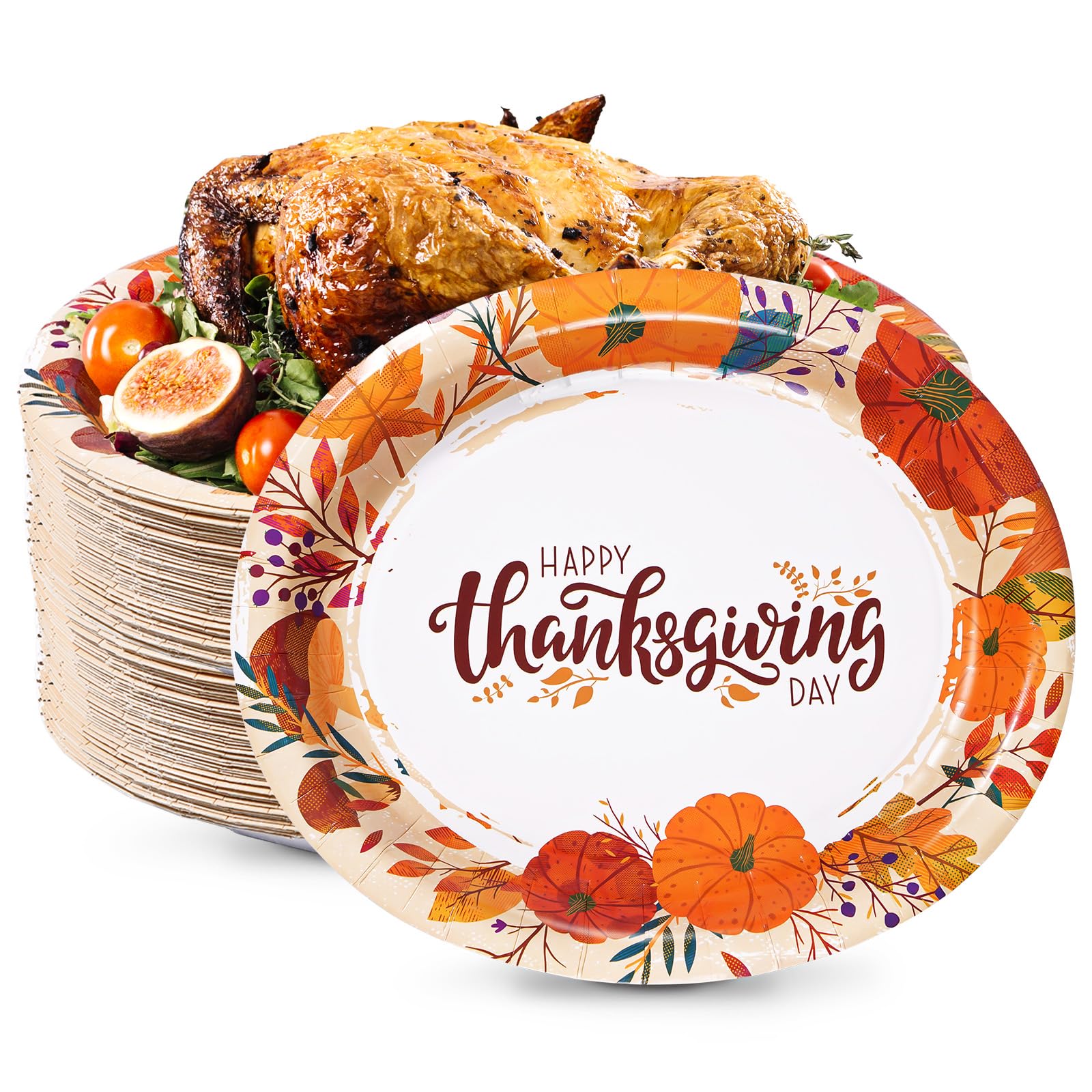 50 Count Thanksgiving Oval Paper Plates, 10" x 12.5" Large Disposable Dinner Serving Party Platters Heavy Duty, Autumn Fall Harvest Party Supply Thanksgiving Decor