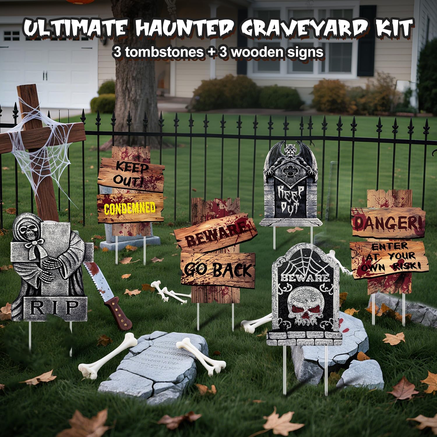 Halloween Decorations Outdoor, 6 Pack Realistic Corrugated Plastic Tombstones and Scary Graveyard Signs with Stakes, Scary Lawn Decor for Vampire Graves, Garden, Home and Party