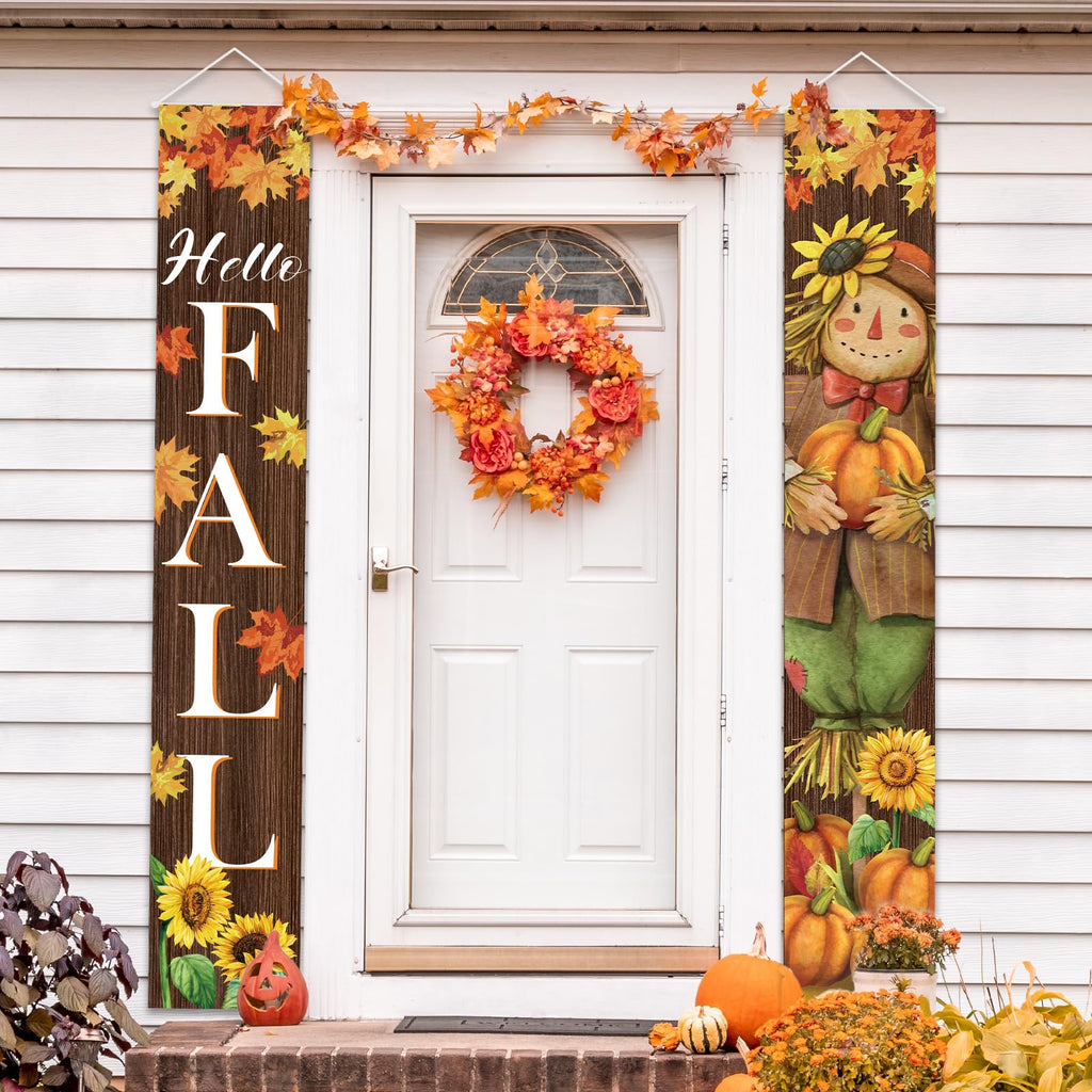Fall Harvest Scarecrow Porch Banner Sign - Autumn Thanksgiving Front Door Decorations, 12 x 71 Inch