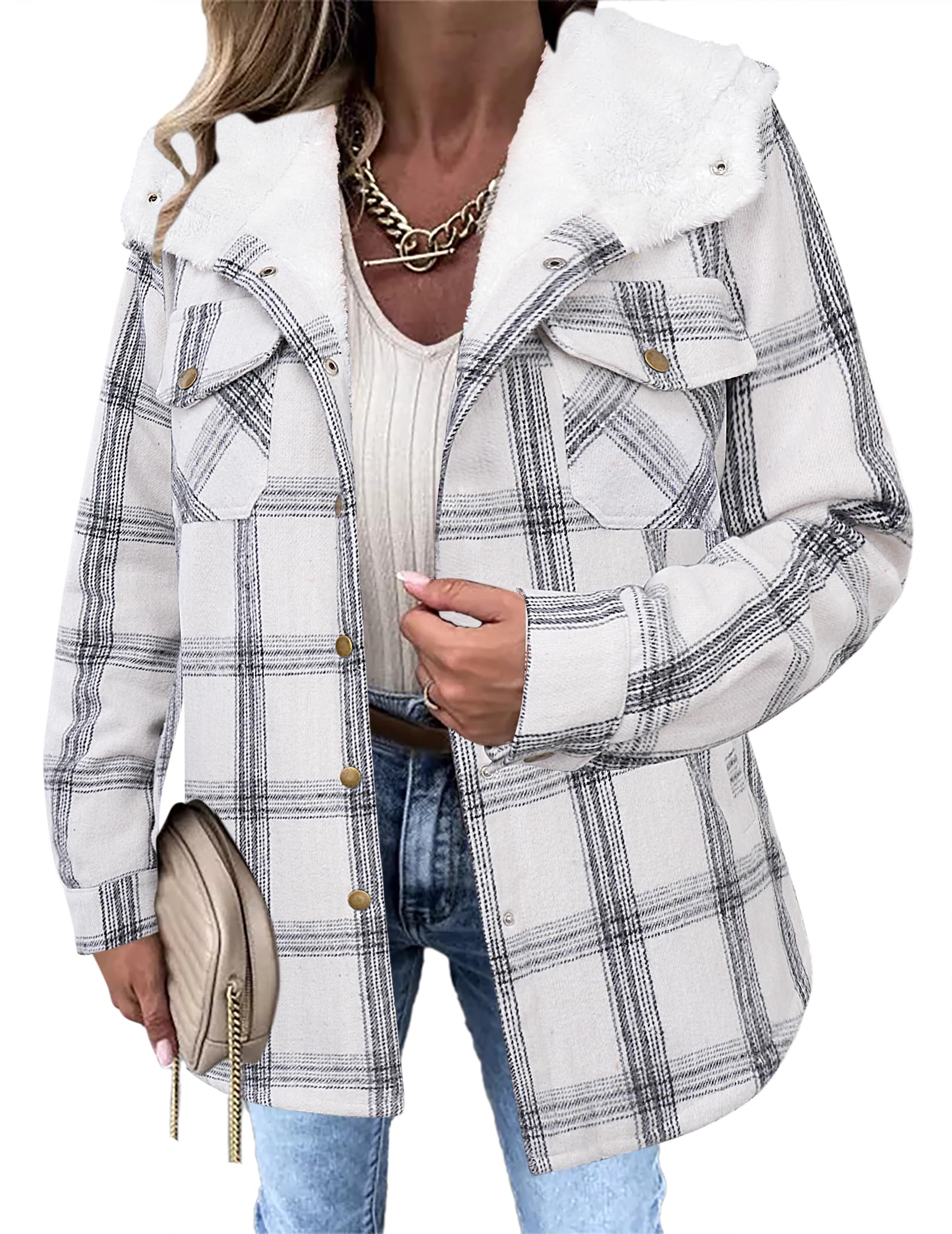 Zeagoo Womens Plaid Shacket Jacket Long Sleeve Fleece Hooded Jackets Fall Winter Warm Coat S-2XL