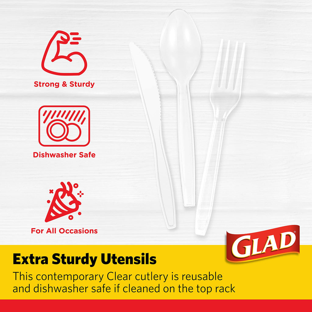 Glad Disposable Cutlery Set - Clear Heavy Duty Plastic Forks, Knives, and Spoons - 240 Piece Plasticware for Parties - Durable, Sturdy Recyclable Utensils - Great for July 4th, Thanksgiving, Christmas