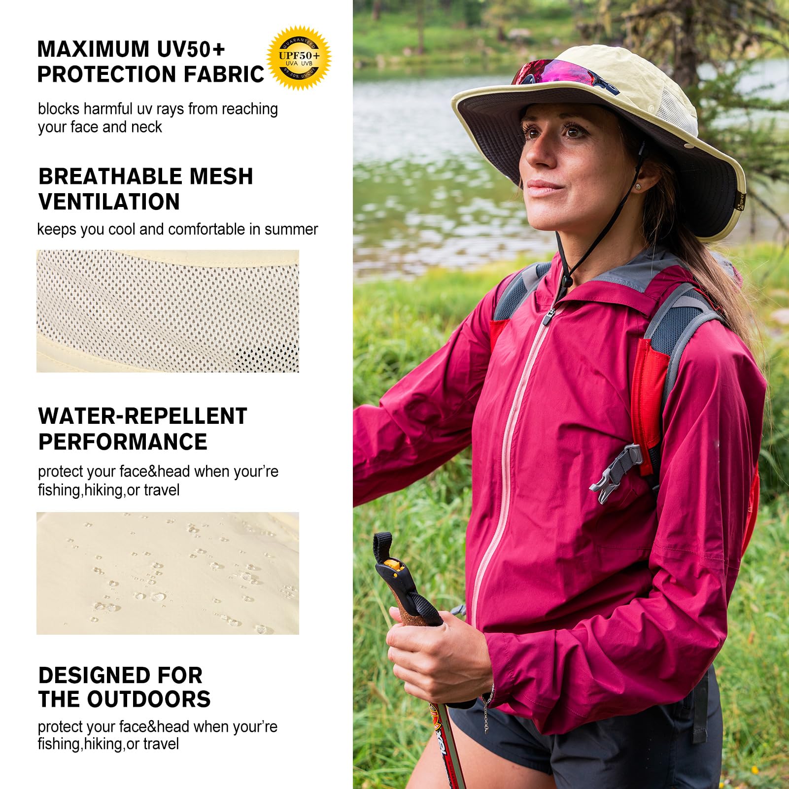 TOP-EX L/XL/XXL UV50+ Waterproof Wide Brim Bucket Sun Hat for Summer Fishing Hiking w/Detachable Strap & Vented Mesh