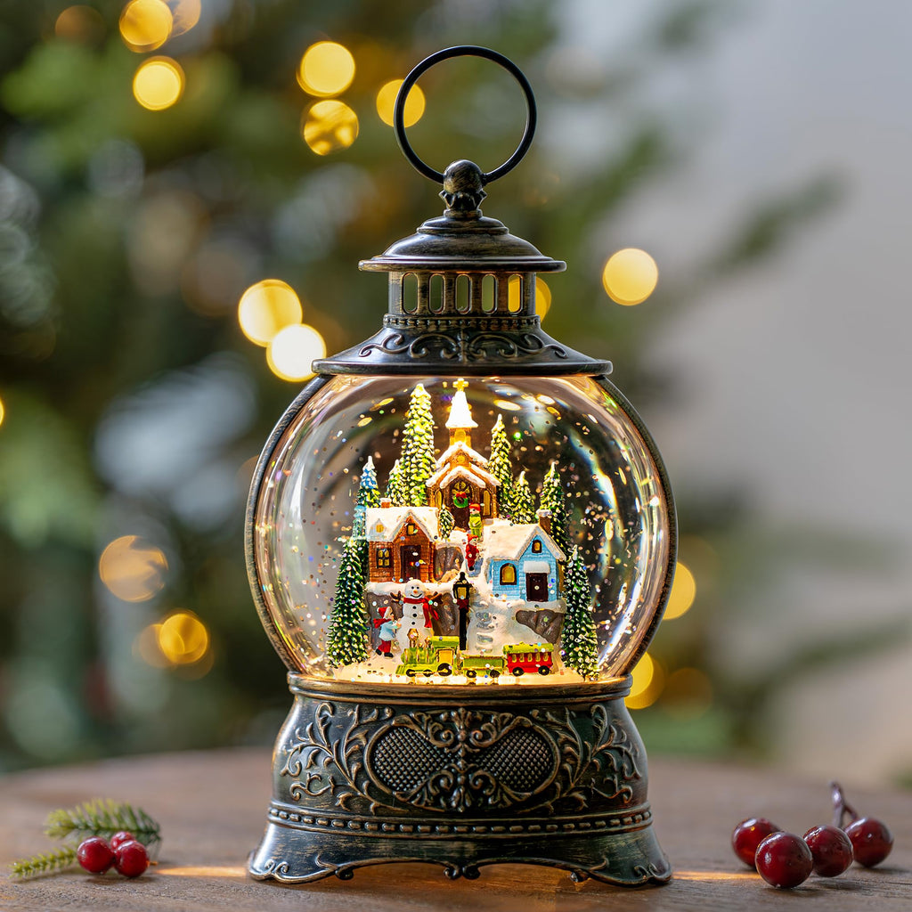 Fall Snow Globe Lantern with Autumn Turkey and Pumpkins Thanksgiving LED Decor for Home, Indoor Tabletop Centerpiece with Glitter Flakes, Harvest Light Decorations