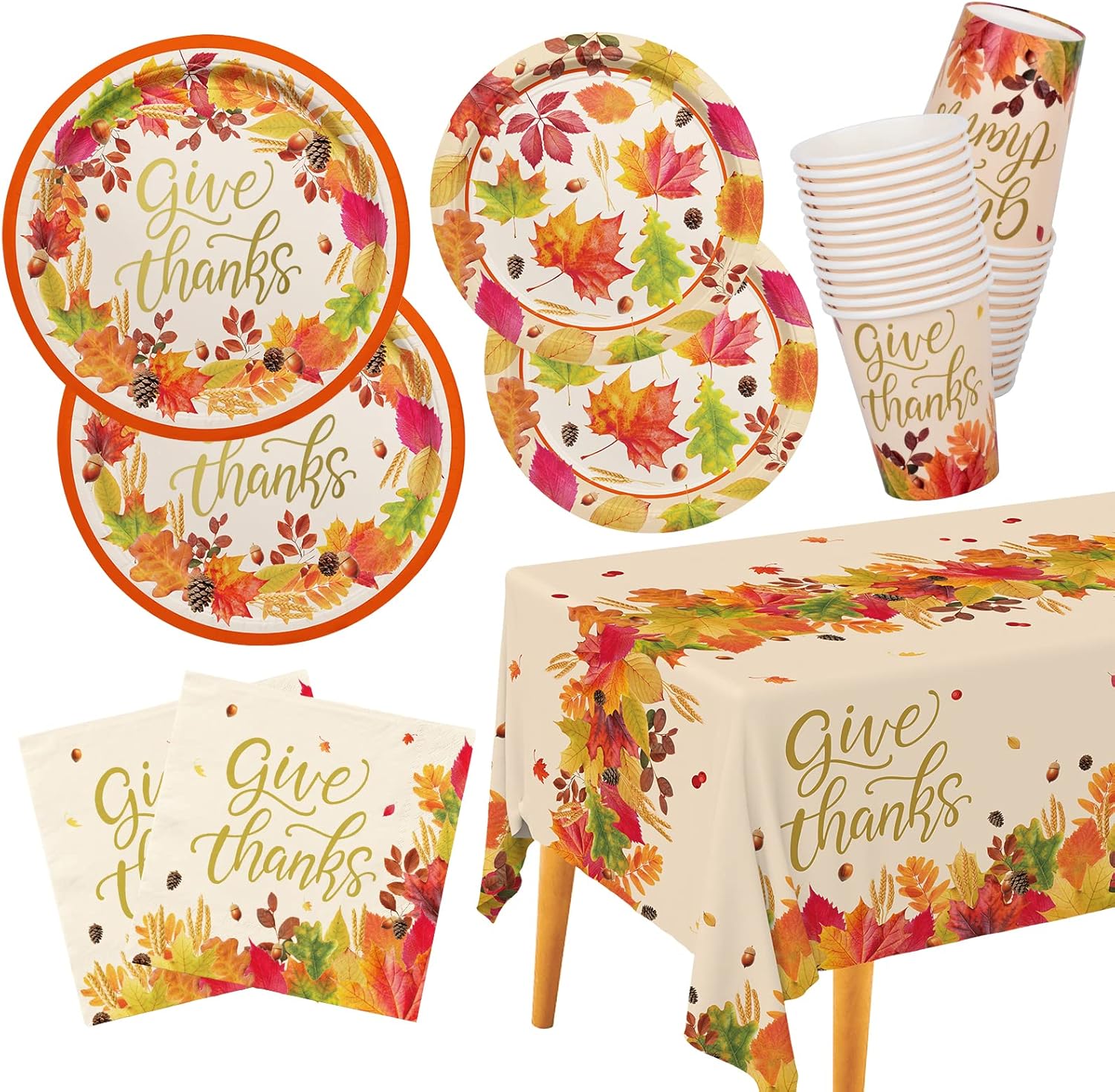 Fall theme Party Supplies Kit, Serve 25, Autumn Harvest Disposable Dinnerware Includes: Paper Dinner Plates, Dessert Plates, Napkins, Cups, and Tablecloth, for Thanksgiving Party Decorations
