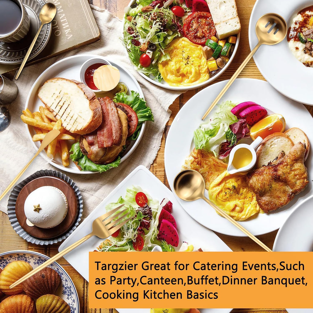 Gold Stainless Steel Serving Utensils Set, 5 Pcs - 10.8 Inch Serving Fork, 10.3 Inch Slotted Spoon, Sugar Spoon, Butter Knife for Buffet