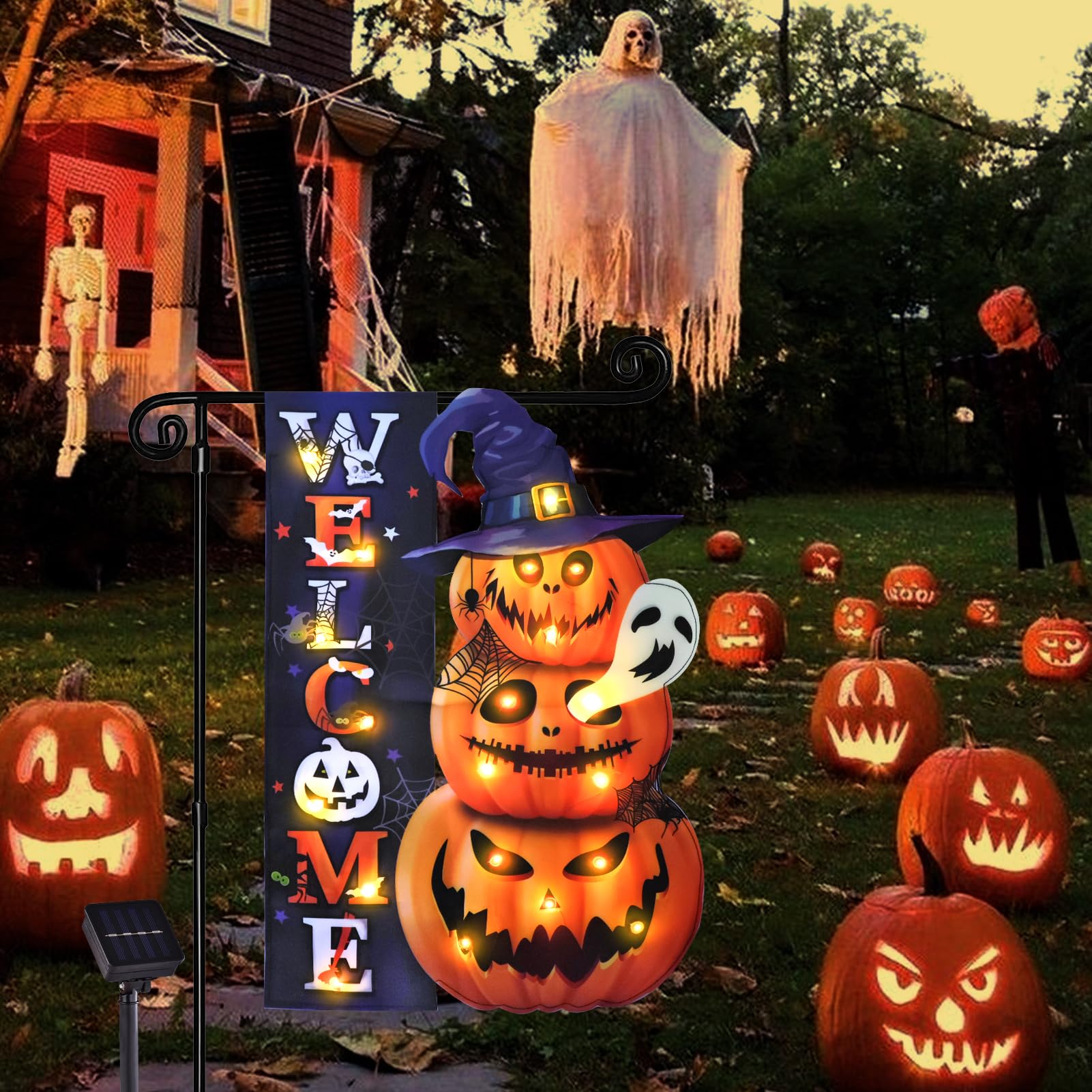 Halloween Lighted Garden Flag for Outside, Led Solar Yard Flag 8 Modes Witch Feet Shape Flag, 12x18 Double Sided Cauldron Eyeball Black Cat Decorations for Home Porch