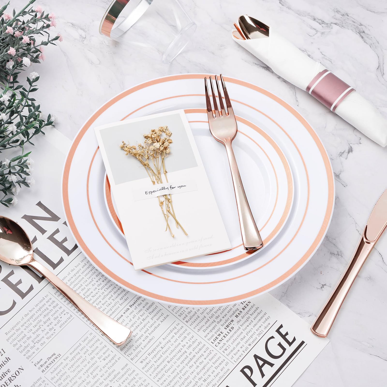 350PCS Gold Plastic Dinnerware Set, Disposable Party Plates for 50 Guests, Include: 100 Plastic Plates, 50 Pre Rolled Napkins with Gold Silverware, 50 Cups
