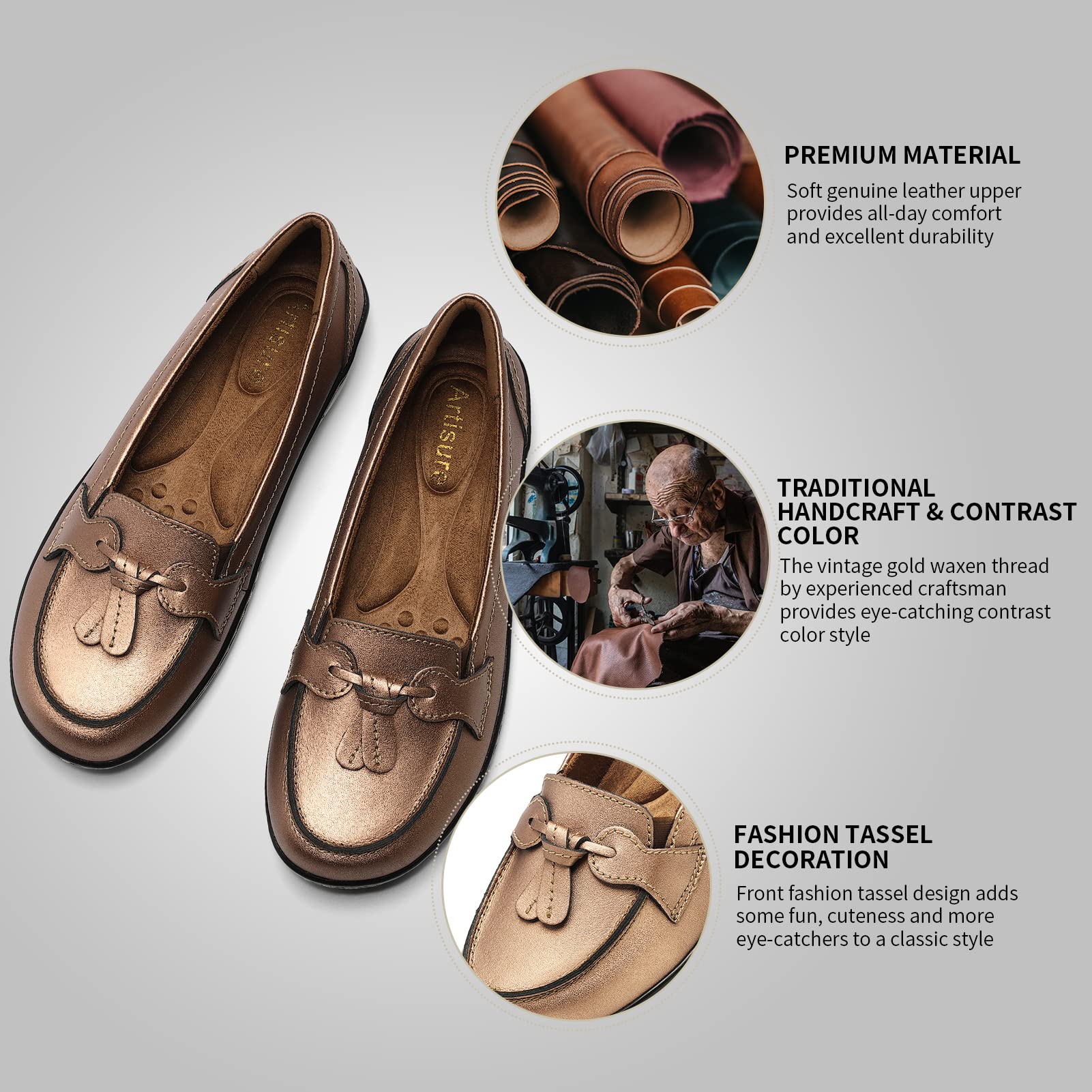 Artisure Women's Classic Comfort Leather Loafers Casual Slip-Ons Stylish Tassel Dress Shoes Cute Work Office Flats Everyday Walking Shoes