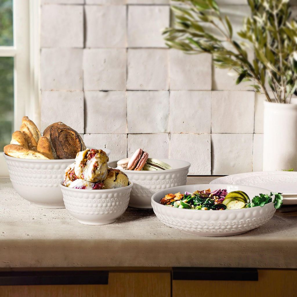 Large Salad Bowls Set of 4, 60oz White Serving Bowls Deep Deep Embossed Ceramic Mixing Bowl for Soup Kitchen, Eating, Ramen, Pasta, Dishwasher & Microwave Safe 8 inch (Multiple Patterns)