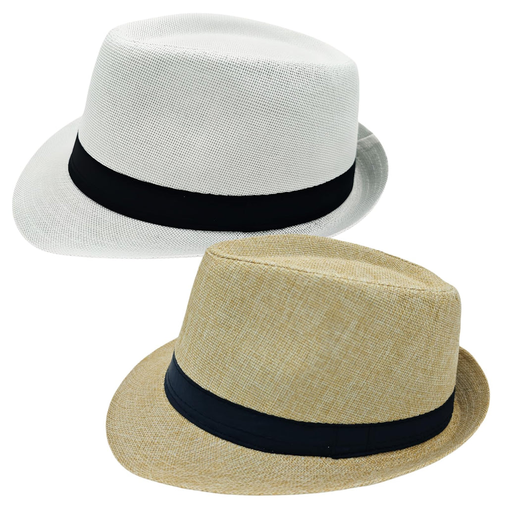 2 Pack Short Brim Fedora Classic 20s Trilby Panama Hats Summer Travel Cap for Men Women