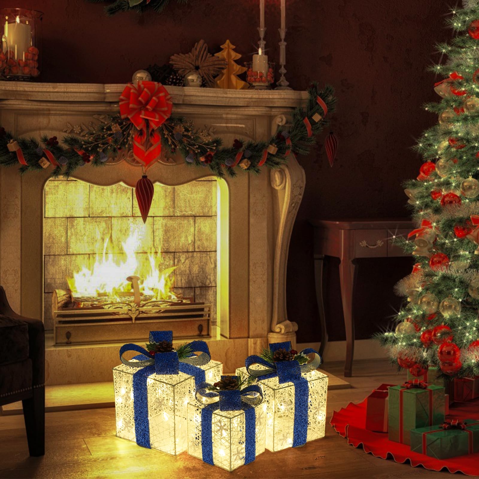 Christmas Decorations, Set of 3 Christmas Lighted Gift Boxes, Battery Operated Xmas Present Boxes, Warm White LED with Bows for Indoor Christmas Tree, Yard, Home Decor