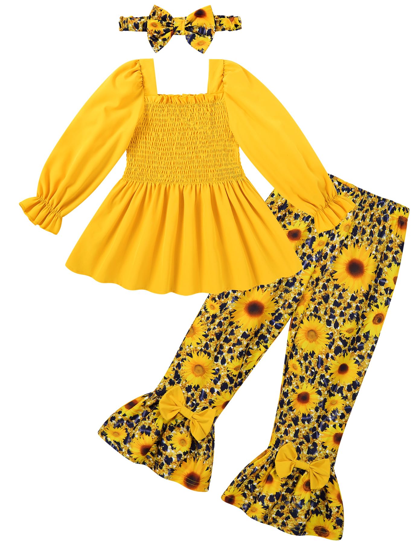 UNICOMIDEA Girls Clothes Set Shirt Top and Flare Pants with Bowknot 2-5T Kids 3 Piece Outfit For Girl