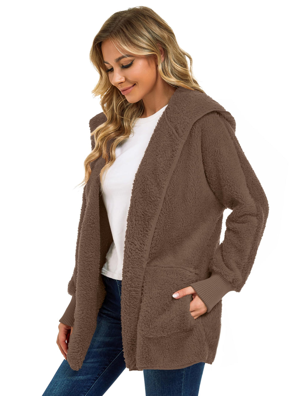 CHICGAL Womens Fuzzy Jacket Hooded Cardigan Open Front Sherpa Coat Outwear with Pockets
