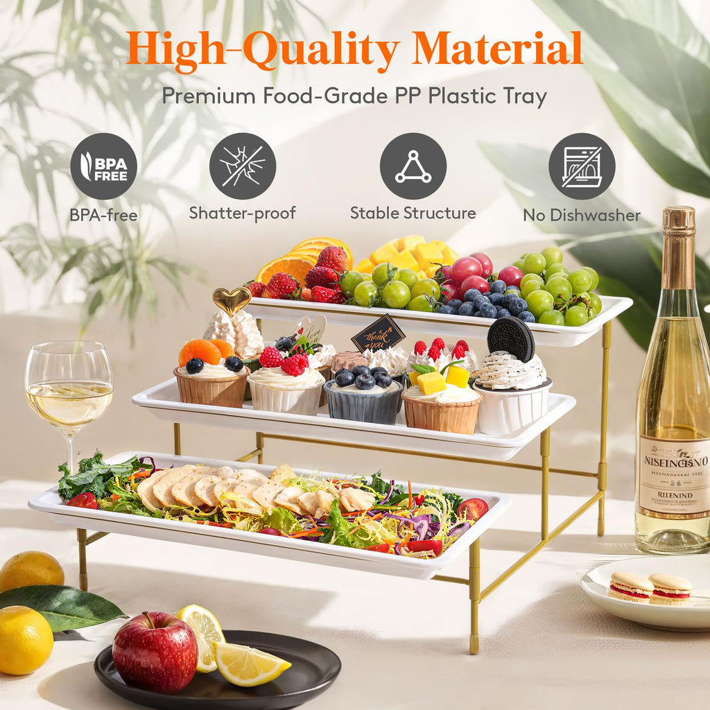 Lifewit 3 Tier Serving Tray for Party, 12" x 6.5" Plastic Tiered Food Serving Platters, White Rotatable Tiered Tray Stand with Gold Collapsible Metal Stand, Dessert Table Display Set for Buffet