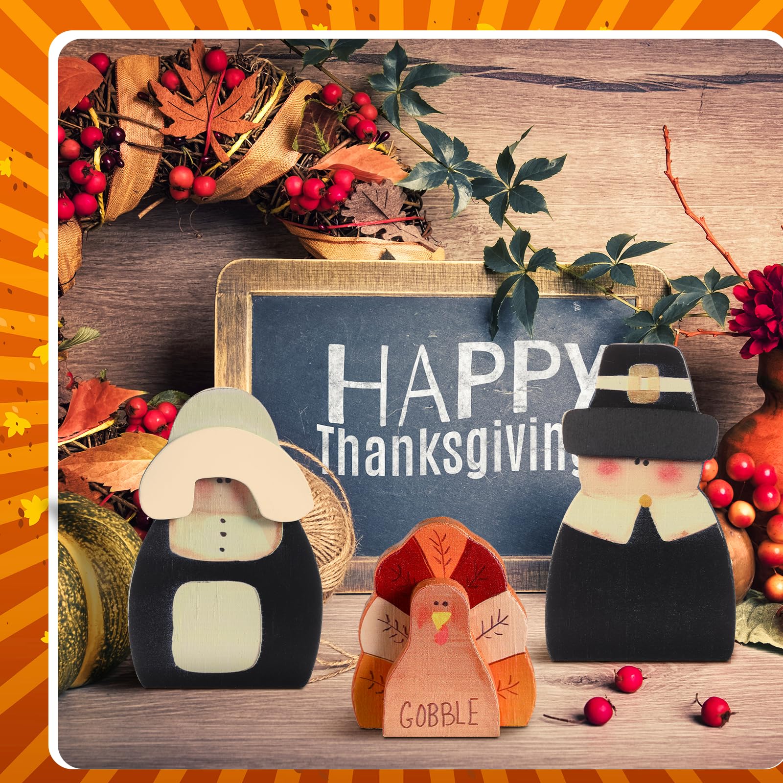 3 Pcs Fall Thanksgiving Decorations Fall Wooden Turkey Pilgrim Couple Table Sign Thanksgiving Standing Tabletop Decor for Autumn Harvest Indoor Tabletop(Turkey)