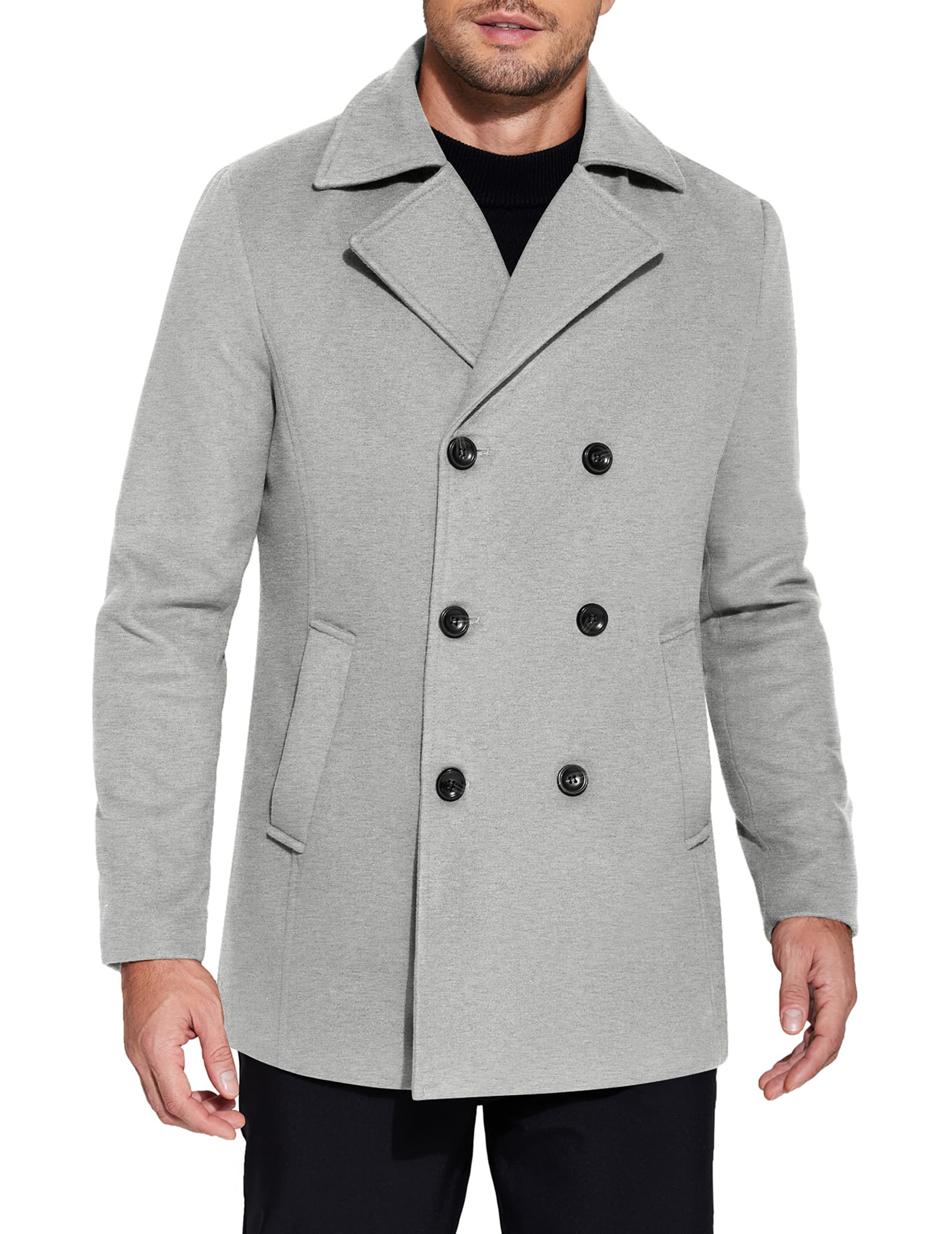 COOFANDY Men's Double Breasted Pea Coat Winter Overcoat Short Trench Coat Notched Collar