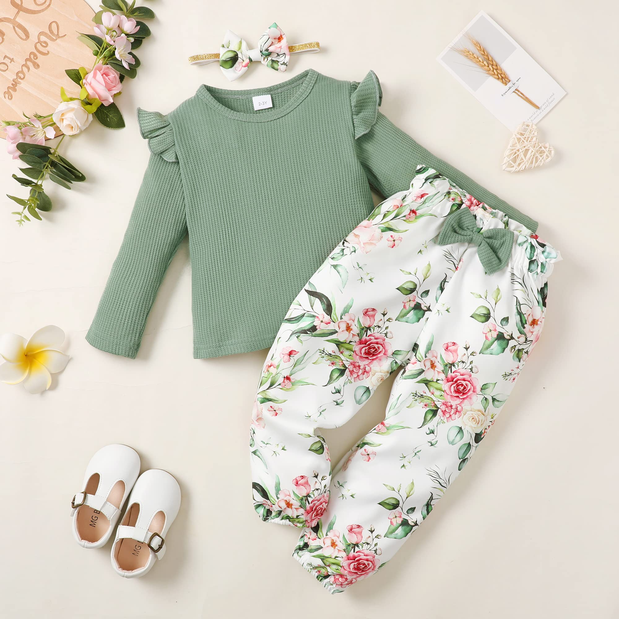 YALLET 3Pcs Toddler Girl Clothes Solid Color Long Sleeves Ruffle Top+Floral Pants+Headband 1-6 Years Fall/Winter Outfits Set