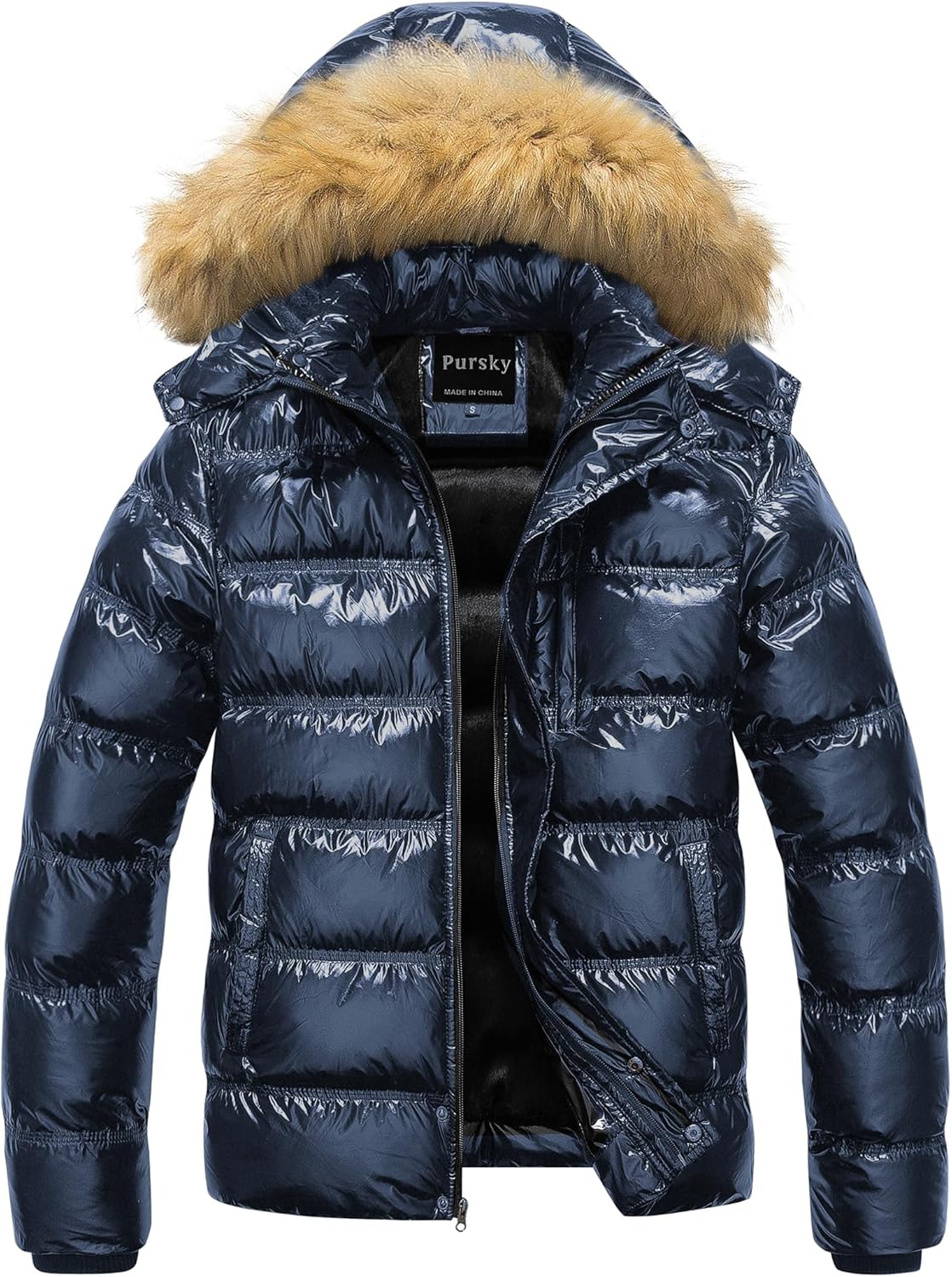 Pursky Men's Puffer Jacket Waterproof Winter Bubble Coats Ski Parka Fur Hooded