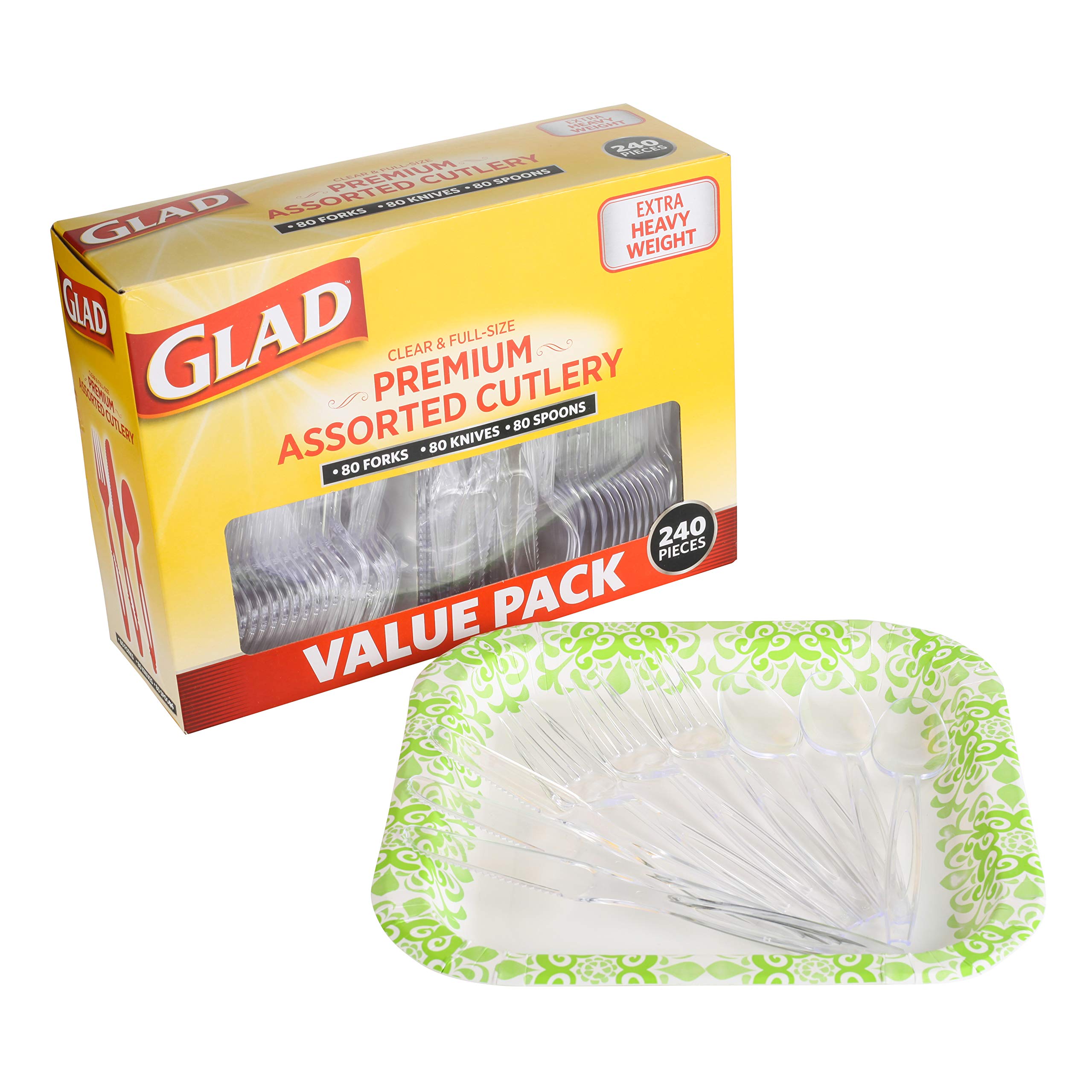 Glad Disposable Cutlery Set - Clear Heavy Duty Plastic Forks, Knives, and Spoons - 240 Piece Plasticware for Parties - Durable, Sturdy Recyclable Utensils - Great for July 4th, Thanksgiving, Christmas