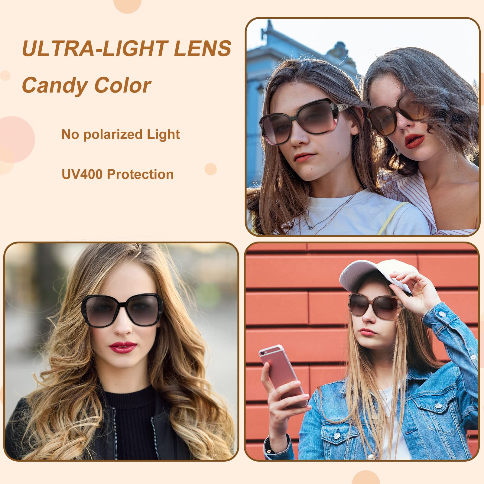 DragonflyDreams 4 Pcs Women Large Sunglasses, UV 400 Glasses Oversized Classic Trend Ladies Sunglasses Sparkling Large Frame
