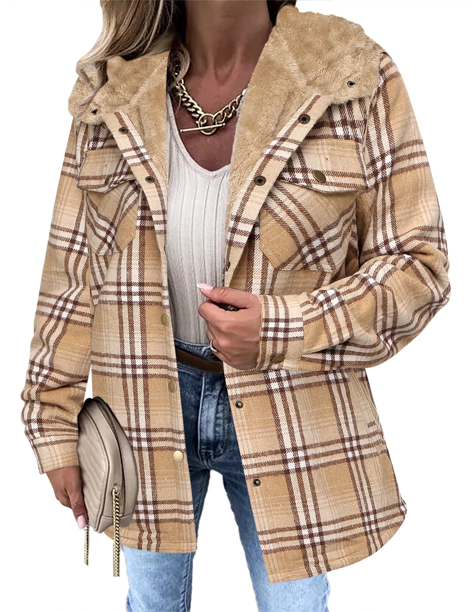 Zeagoo Womens Plaid Shacket Jacket Long Sleeve Fleece Hooded Jackets Fall Winter Warm Coat S-2XL