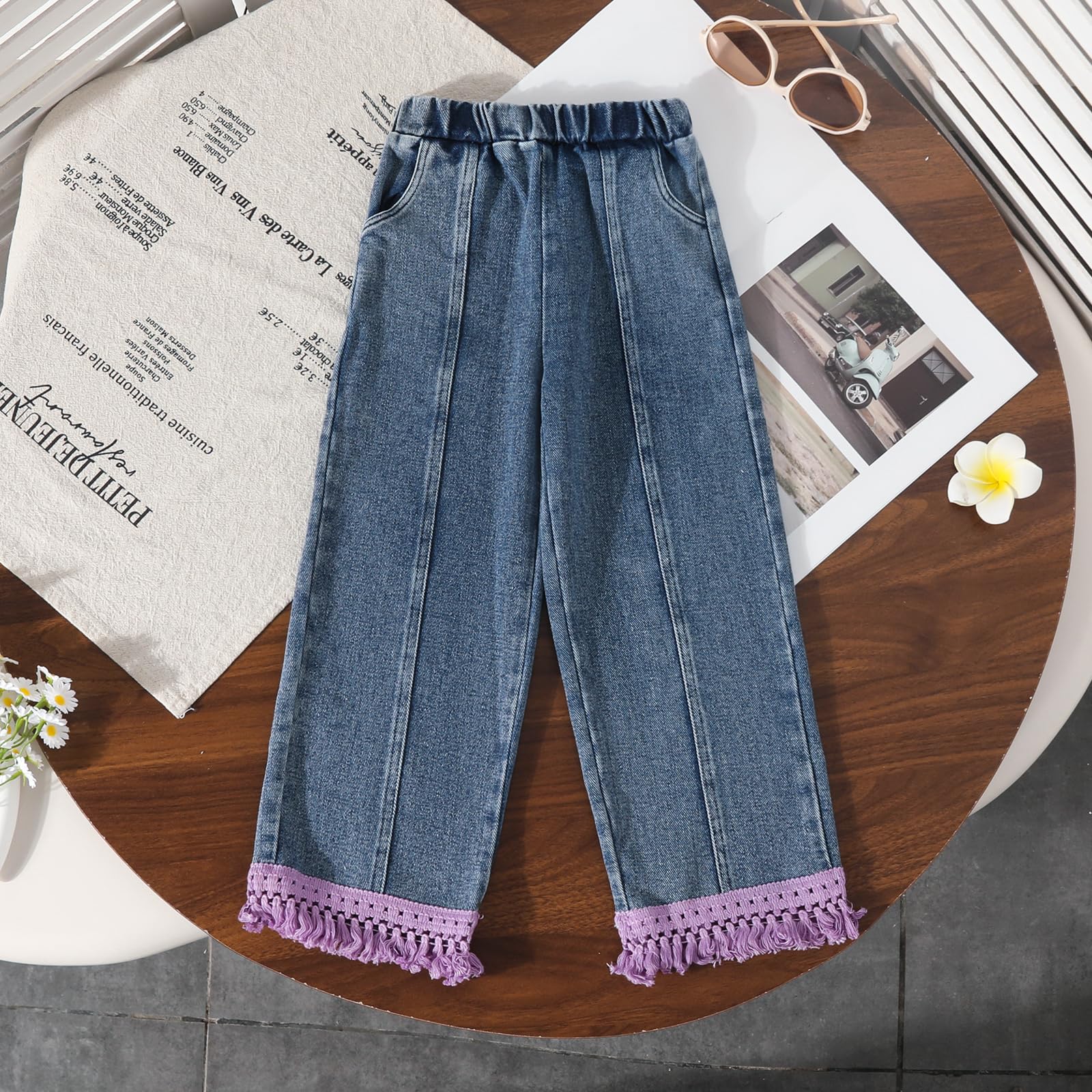 3-7 Years Toddler Girls Pants Set - Tassel Top & Washed Denim Pants Fall Winter Clothing Outfits Set for Girls