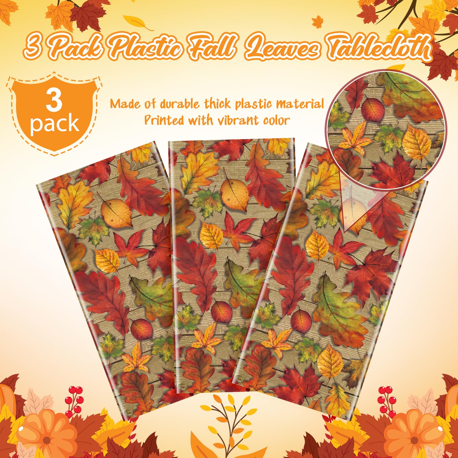 3Pack Fall Leaf Plastic Tablecloth Decorations,Disposable Autumn Orange Leaf Maple Table Cloths for Parties,Rectangle Thanks Giving Table Cover for Kitchen Fall Harvest Thanks Giving Decor,54x108 Inch