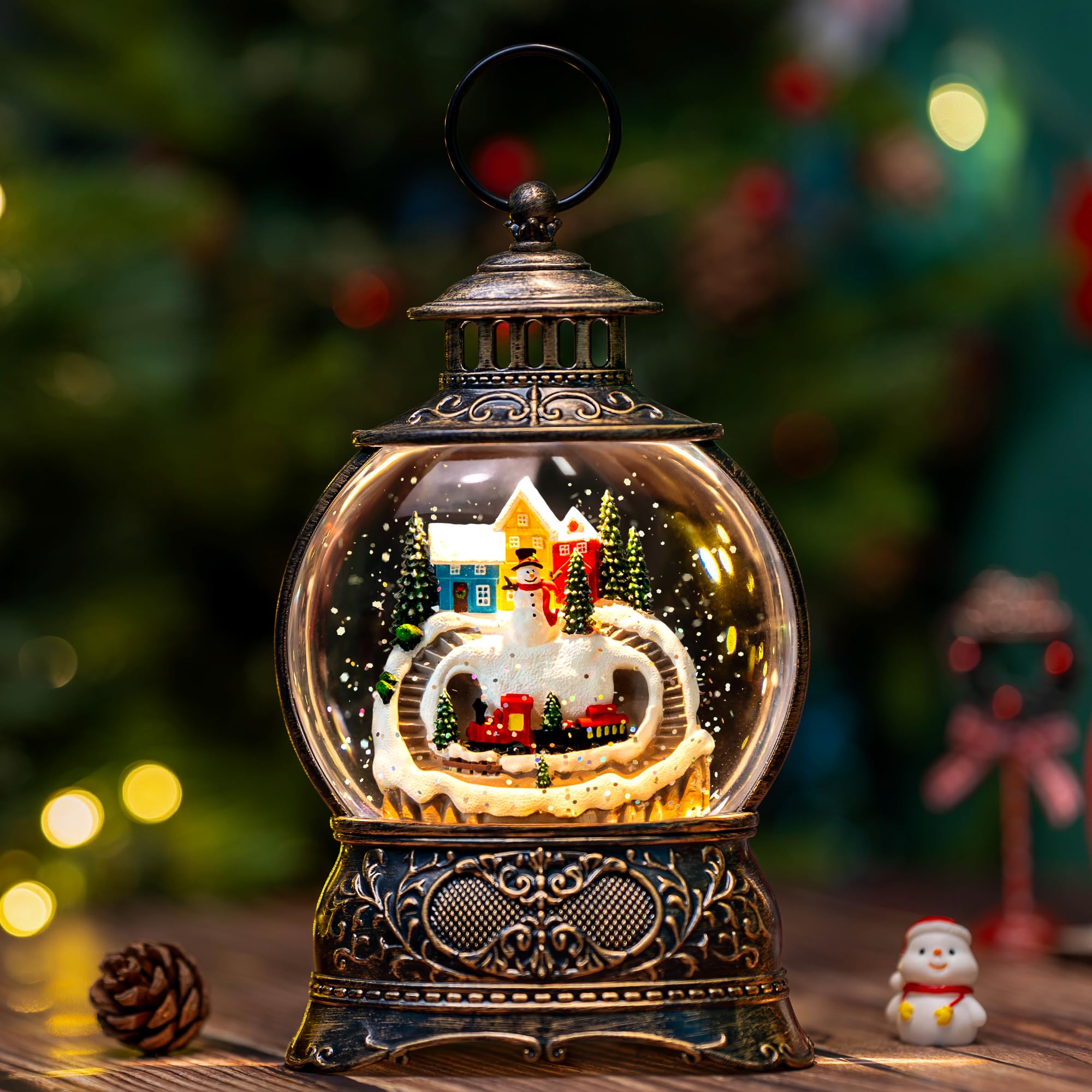 Fall Snow Globe Lantern with Autumn Turkey and Pumpkins Thanksgiving LED Decor for Home, Indoor Tabletop Centerpiece with Glitter Flakes, Harvest Light Decorations