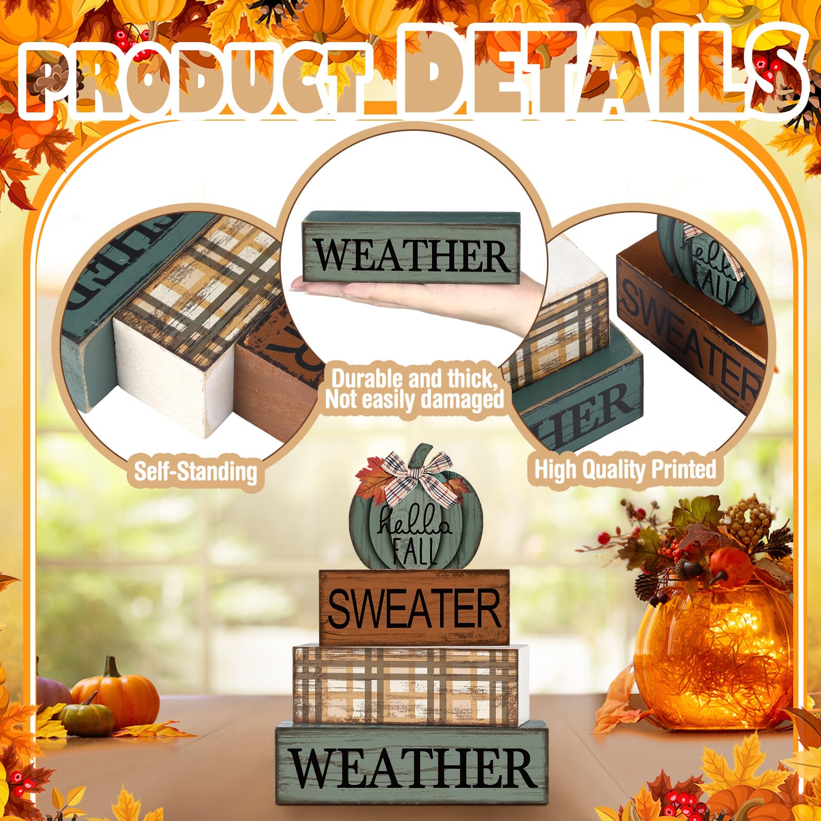 4 Pcs Fall Decor Wooden Maple Leaf Decoration Fall Tiered Tray Decor Rustic Wooden Maple Leaf Block Sign Gift Thanksgiving Table Centerpiece Farmhouse for Autumn Harvest Party Home Kitchen