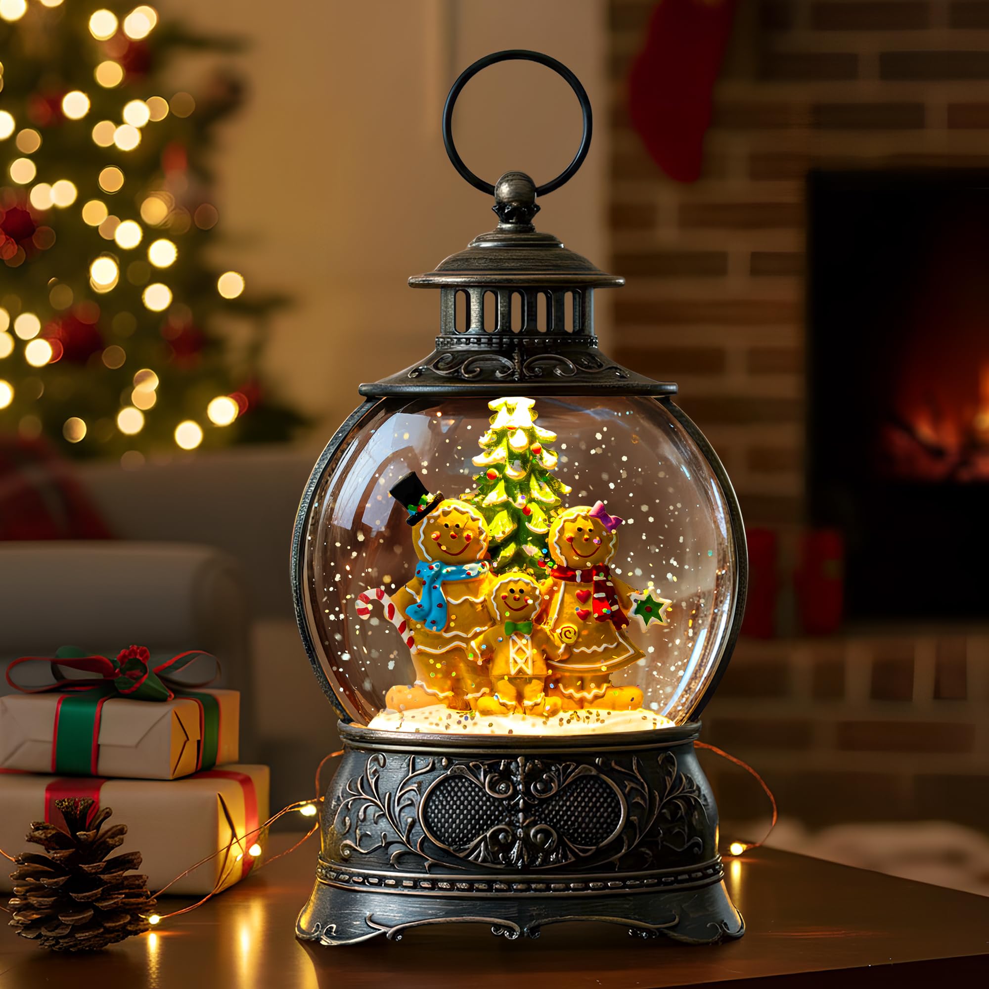 Fall Snow Globe Lantern with Autumn Turkey and Pumpkins Thanksgiving LED Decor for Home, Indoor Tabletop Centerpiece with Glitter Flakes, Harvest Light Decorations