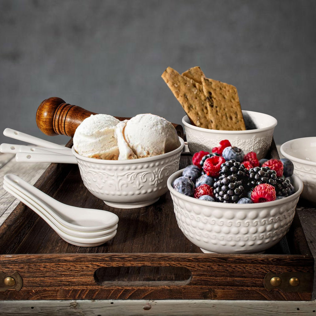 Large Salad Bowls Set of 4, 60oz White Serving Bowls Deep Deep Embossed Ceramic Mixing Bowl for Soup Kitchen, Eating, Ramen, Pasta, Dishwasher & Microwave Safe 8 inch (Multiple Patterns)