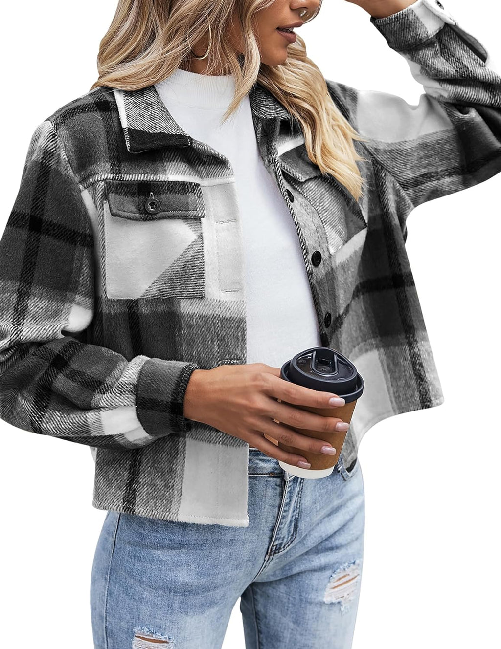Zeagoo Flannels for Women Cropped Shacket Jacket Fashion Plaid Button Down Shirt 2025 Fall Coat Tops