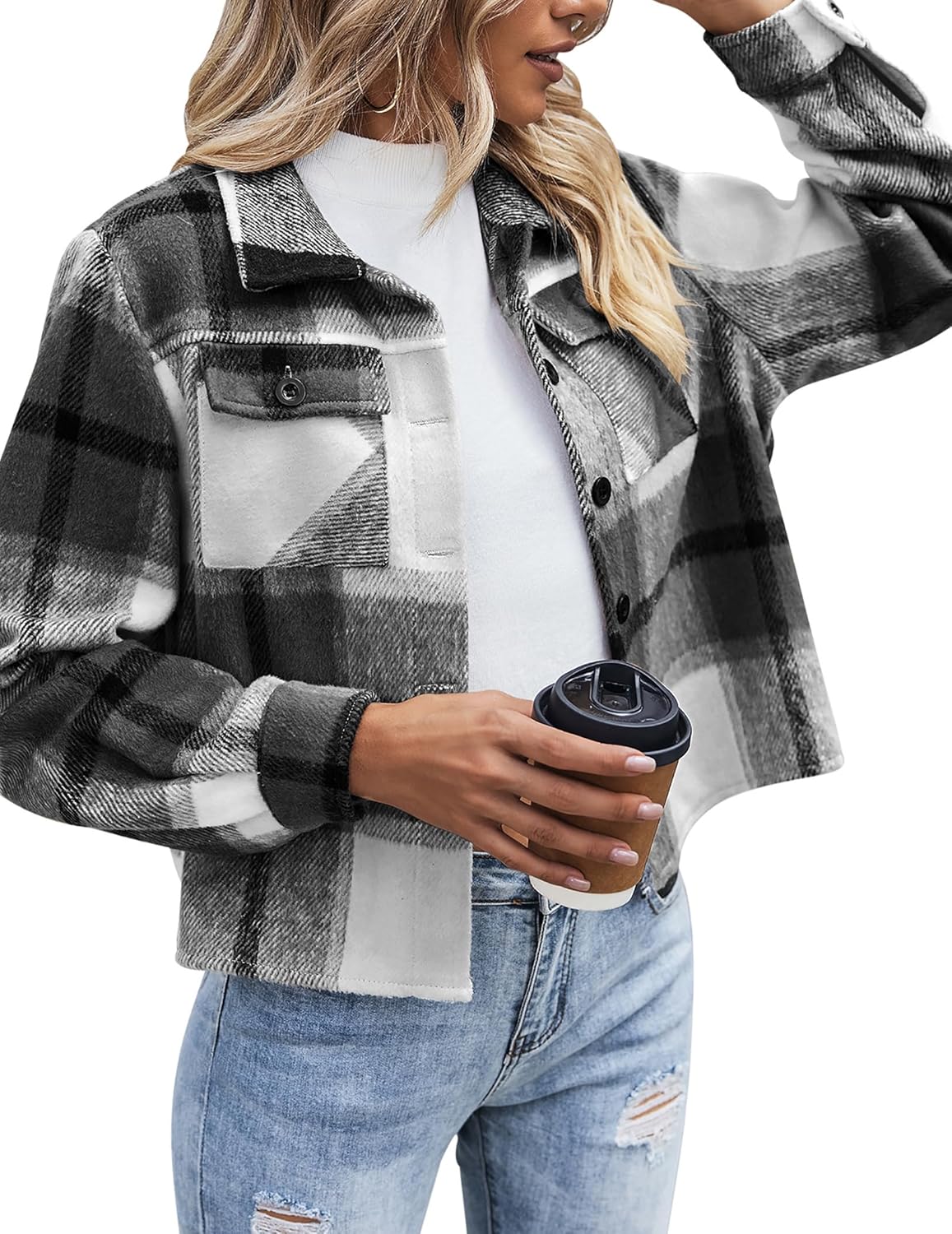 Zeagoo Flannels for Women Cropped Shacket Jacket Fashion Plaid Button Down Shirt 2025 Fall Coat Tops
