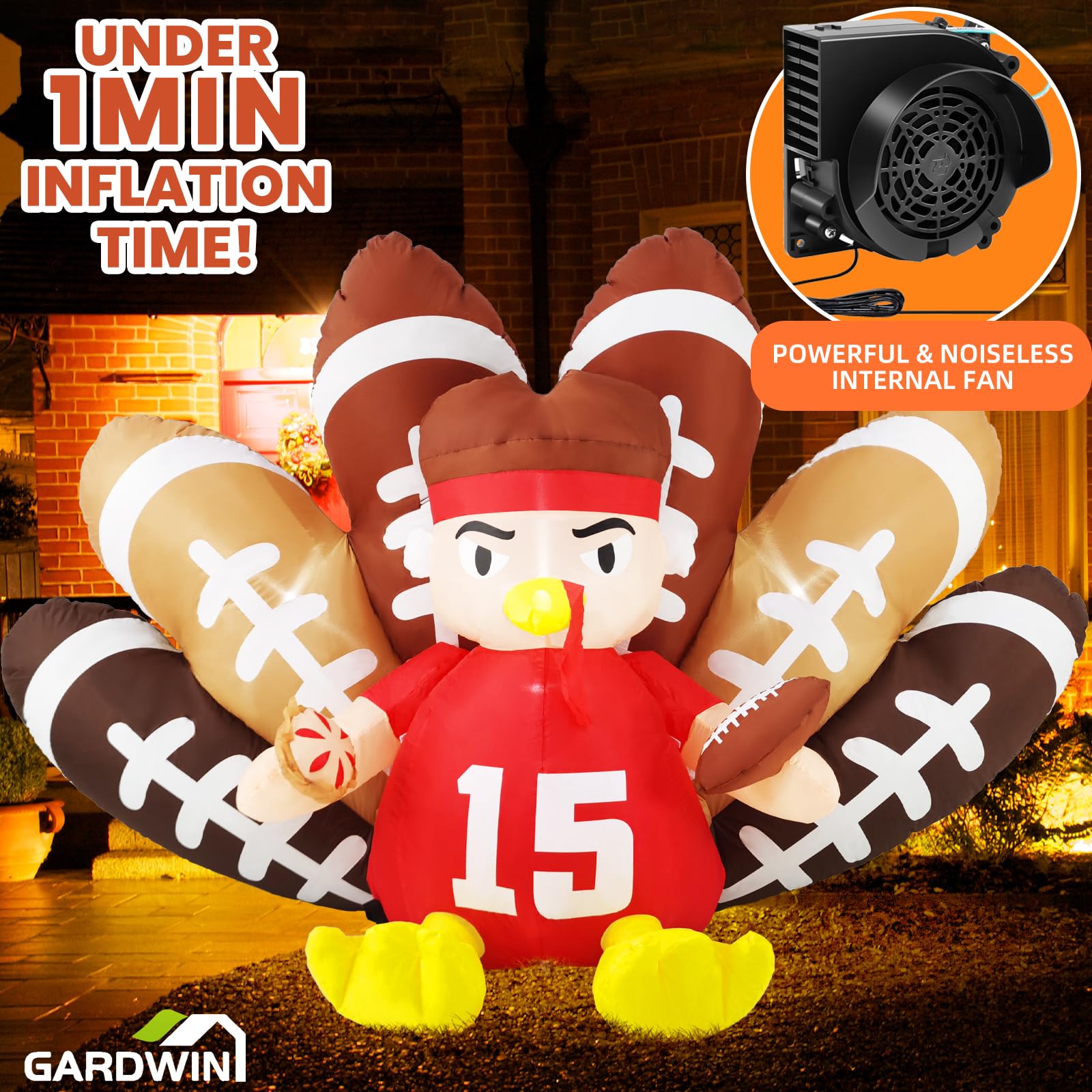 Gardwin 8FT Long Thanksgiving Inflatables Turkey Decorations,Blow up Turkey Inflatable with Built-in Led Lights,Football Inflatable Turkey Outdoor for Outdoor Garden Lawn Decor