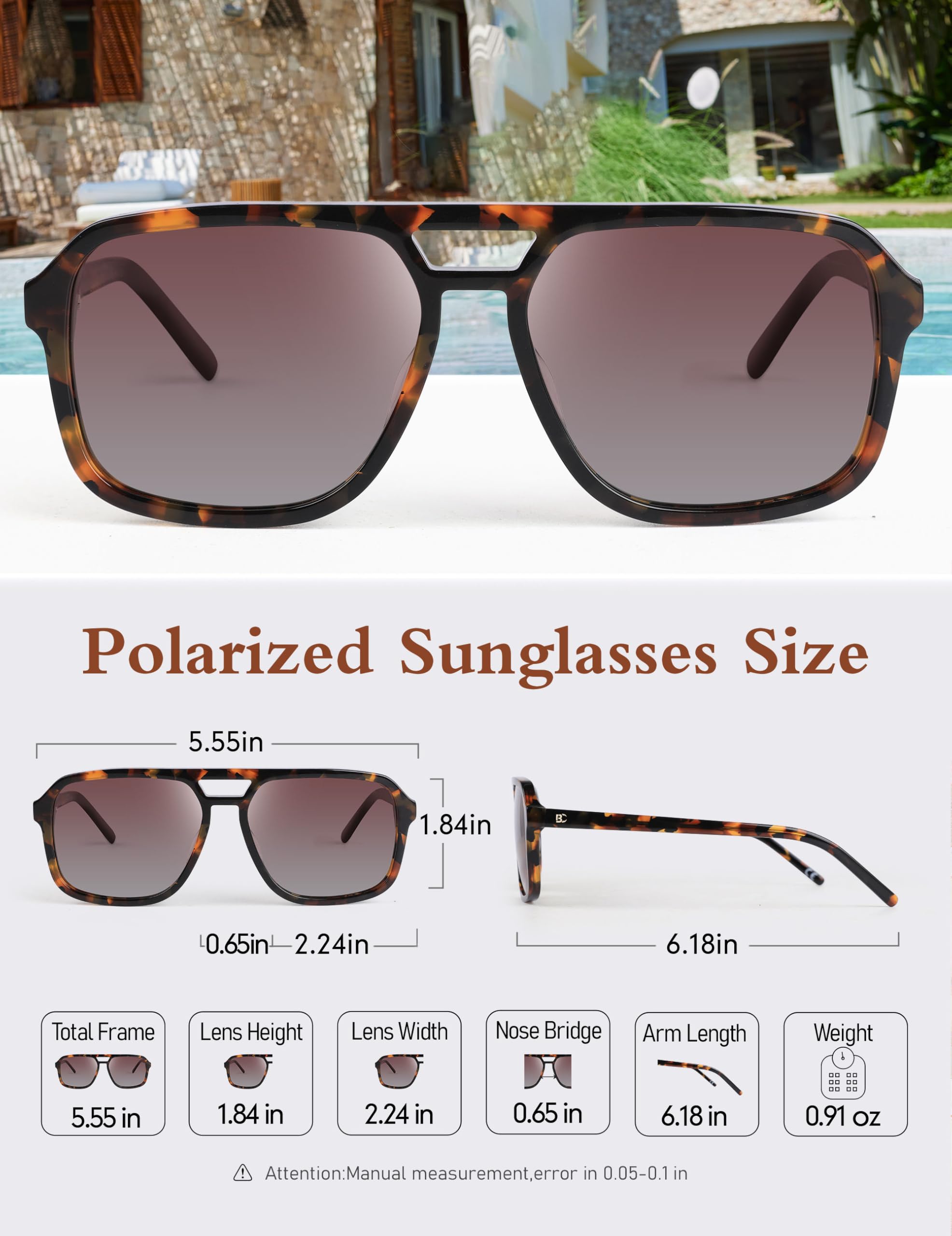 BIRCEN Women Polarized Acetate Sunglasses: Fashion Square Aviator Shades UV Protection for Trendy Laides Travel Beach Outdoor