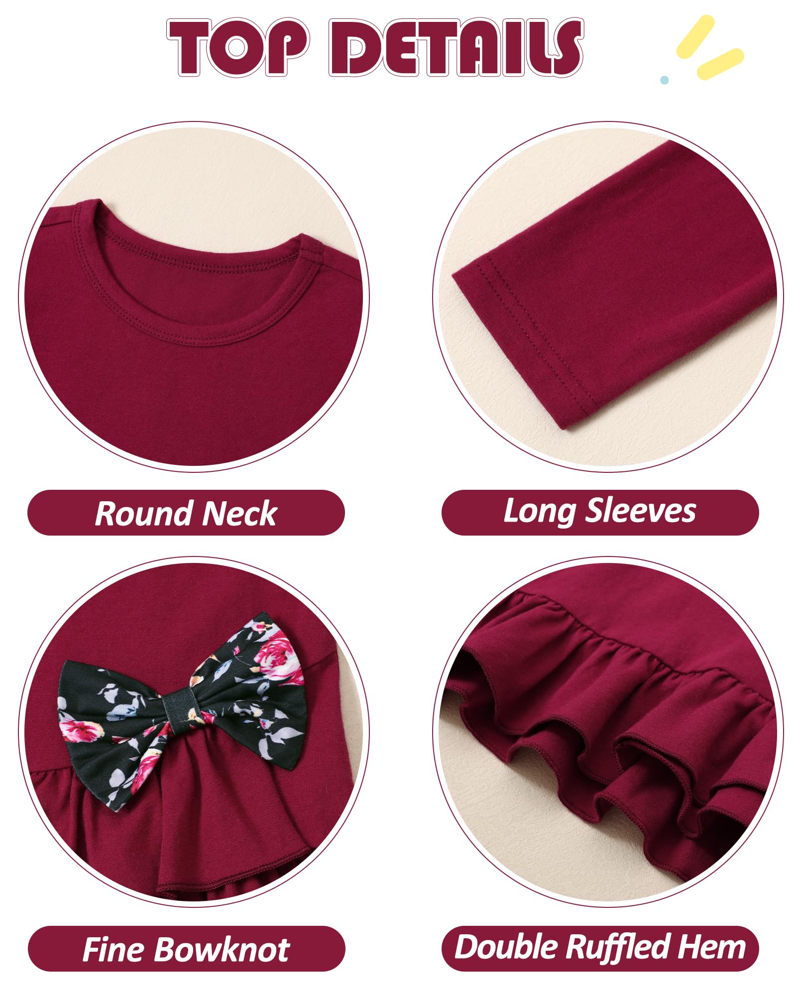 Toddler Girl Clothes 18M-8T Girls Fall Winter Outfit, Long Sleeve Ruffle Bowknot Top + Floral Pants 2Pcs Clothing Set