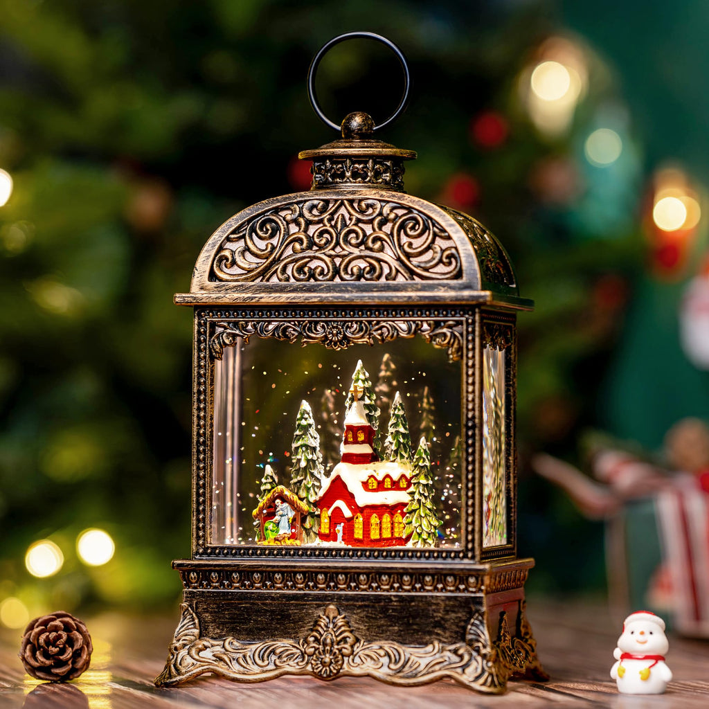 Fall Snow Globe Lantern with Autumn Turkey and Pumpkins Thanksgiving LED Decor for Home, Indoor Tabletop Centerpiece with Glitter Flakes, Harvest Light Decorations