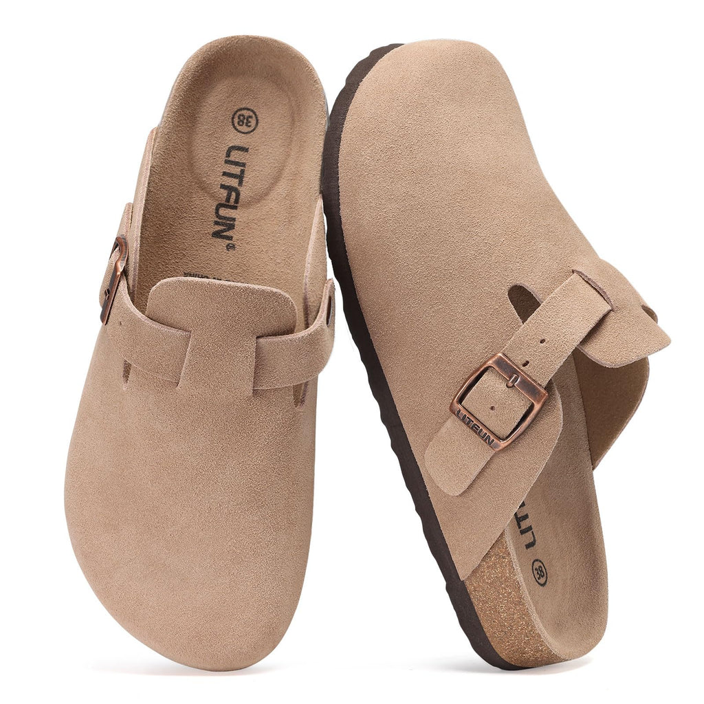 Litfun Women's Genuine Suede Clogs Soft Footbed Leather Potato Shoes Comfort Slip On Clogs with Arch Support