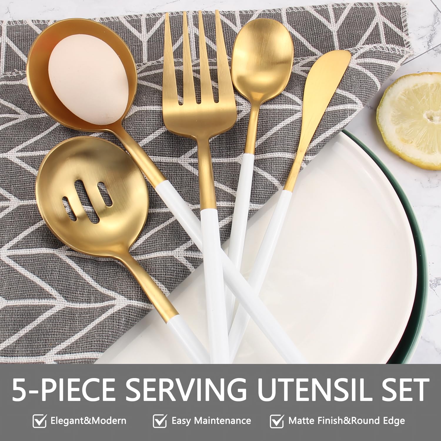 Gold Stainless Steel Serving Utensils Set, 5 Pcs - 10.8 Inch Serving Fork, 10.3 Inch Slotted Spoon, Sugar Spoon, Butter Knife for Buffet