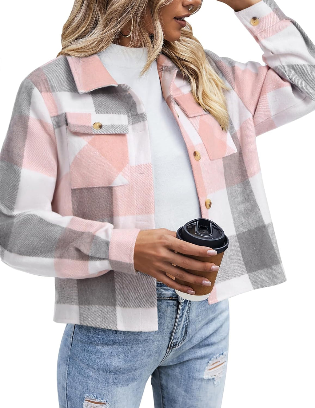 Zeagoo Flannels for Women Cropped Shacket Jacket Fashion Plaid Button Down Shirt 2025 Fall Coat Tops