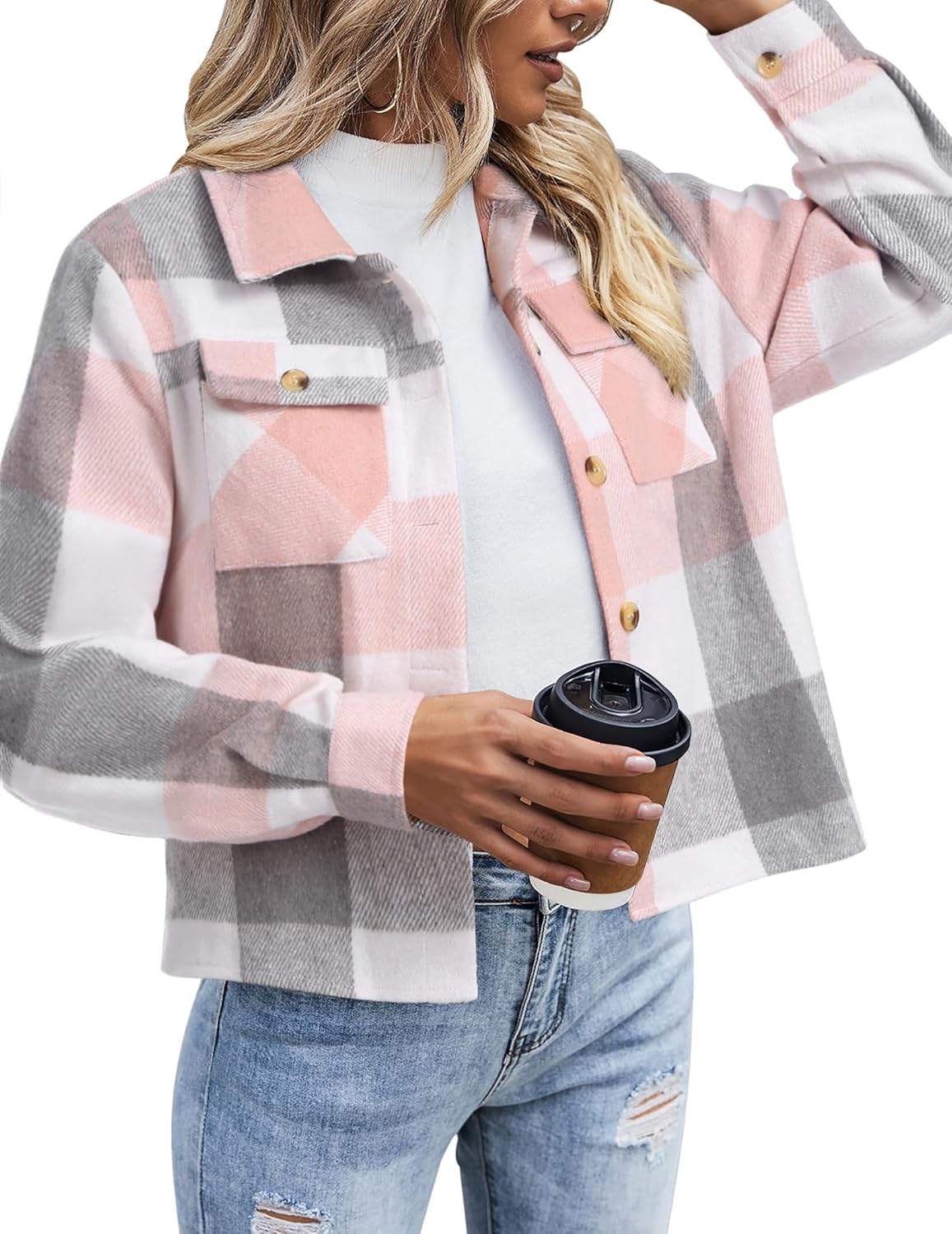Zeagoo Flannels for Women Cropped Shacket Jacket Fashion Plaid Button Down Shirt 2025 Fall Coat Tops
