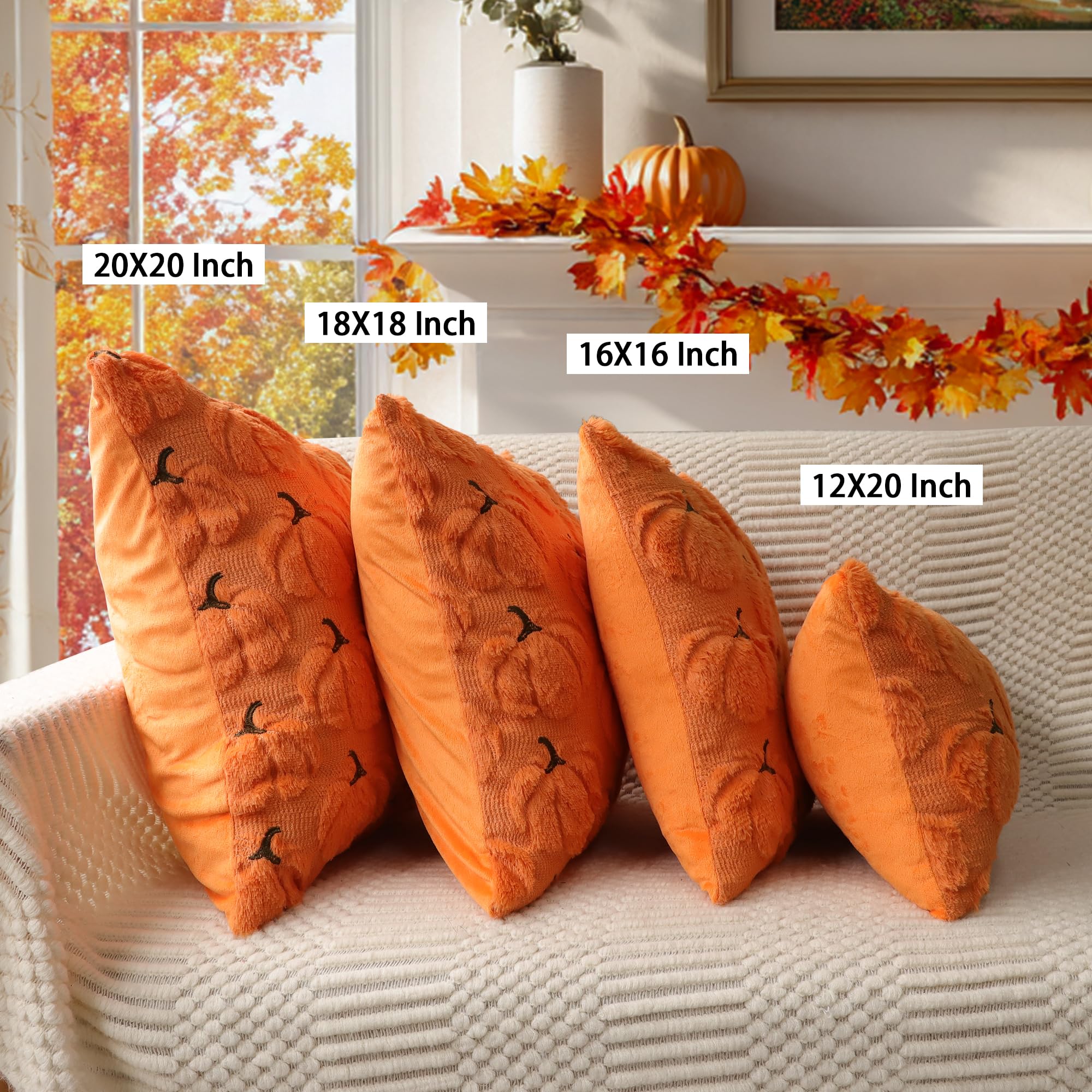 4TH Emotion Fall Pumpkins Decorative Pillow Covers 18x18 Set of 2, Beige Soft Plush Faux Fur Wool Farmhouse Throw Cushion Cases for Autumn Thanksgiving Holiday Home Decorations