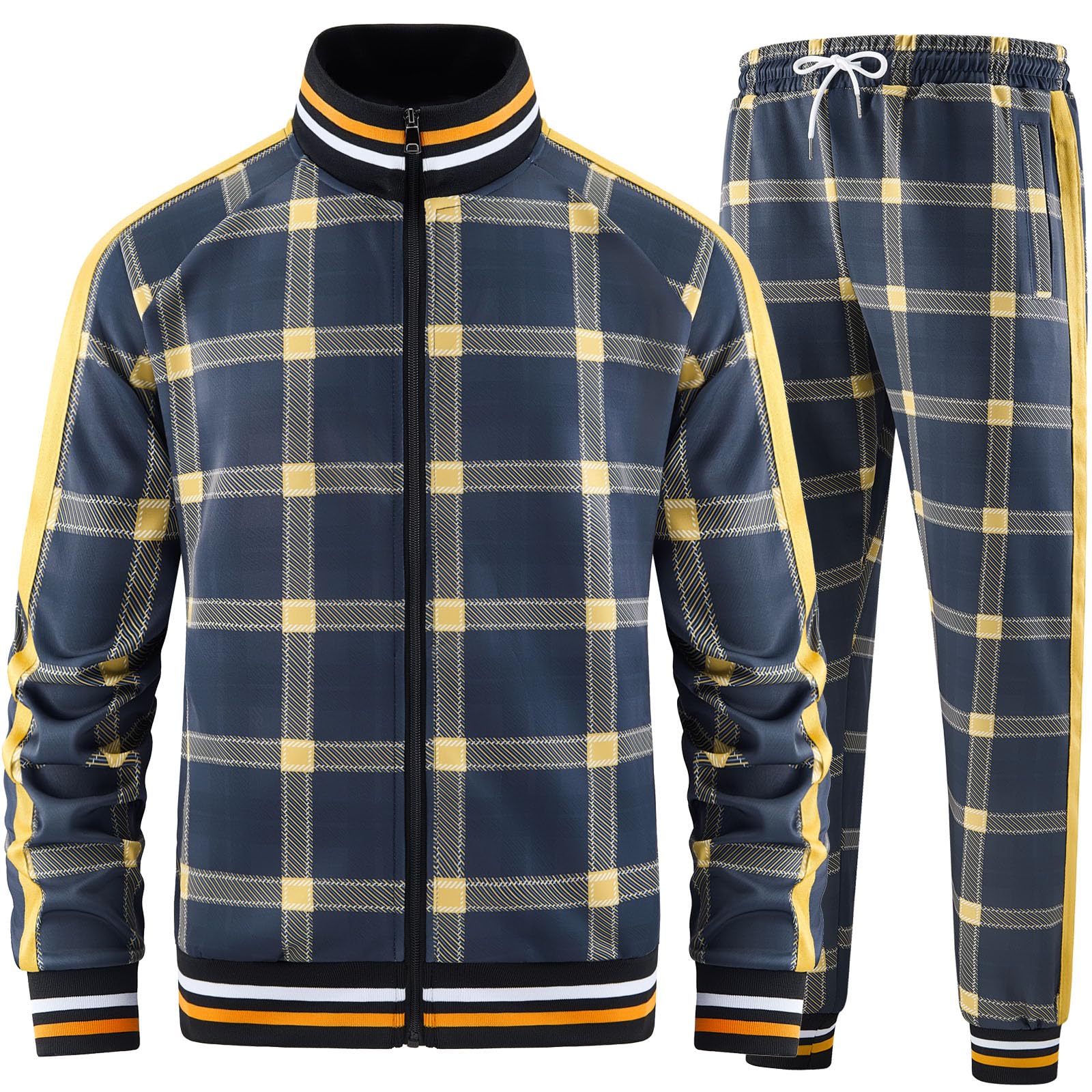 Men Tracksuits Full-zip Long Sleeve Plaid Track Jackets and Pants 2 Piece