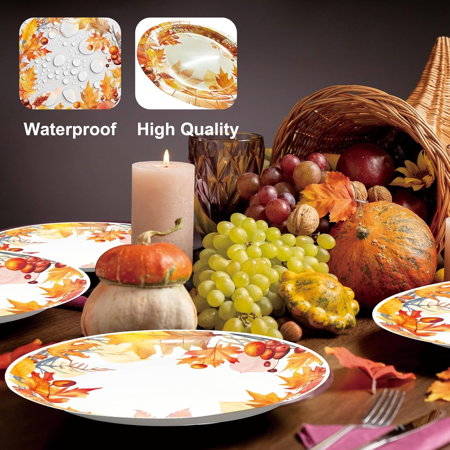 50PCS Fall Paper Plates Watercolor Disposable Dinnerware Set Autumn Leaves Thanksgiving Paper Plate Disposable for Fall Theme Party Decoration