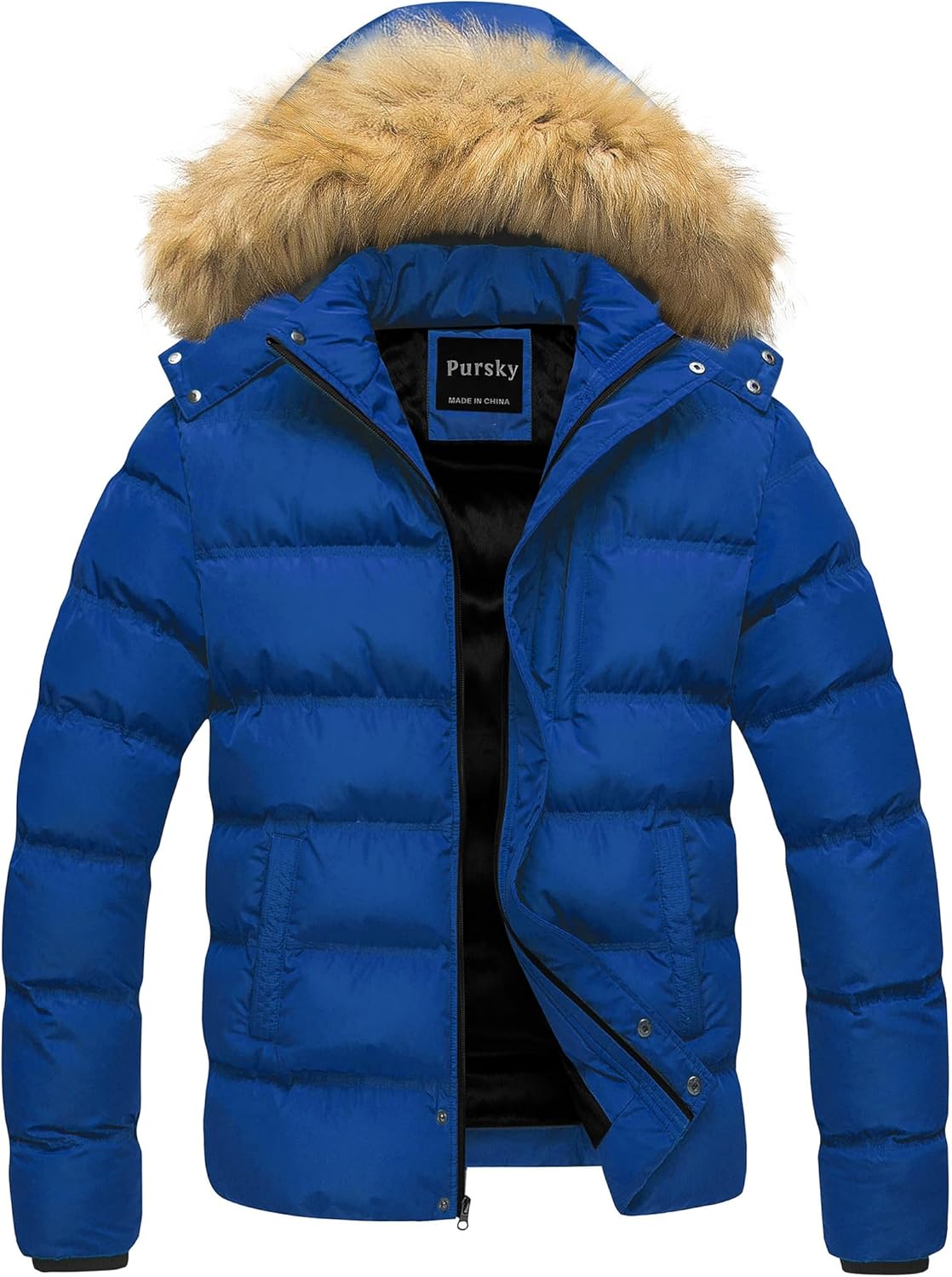 Pursky Men's Puffer Jacket Waterproof Winter Bubble Coats Ski Parka Fur Hooded