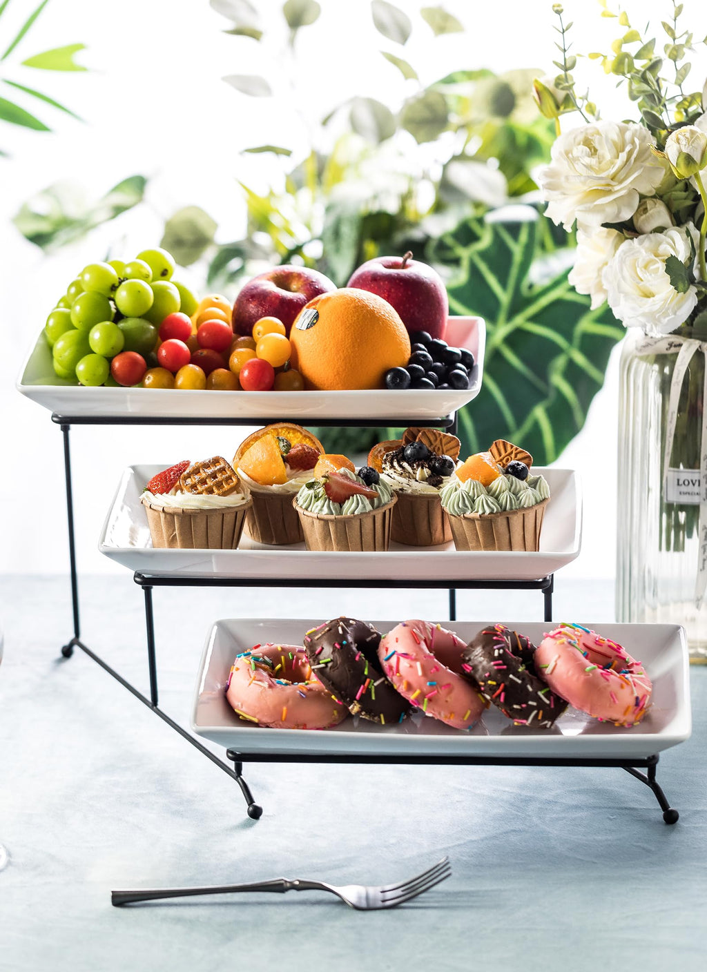 LYEOBOH 3 Tier Serving Bowls Set with Collapsible Thicker Metal Stand, Oval Serving Dishes for Entertaining Tiered Serving Stand for Fruit, Dessert, Candy, Chip and Dip (Black)