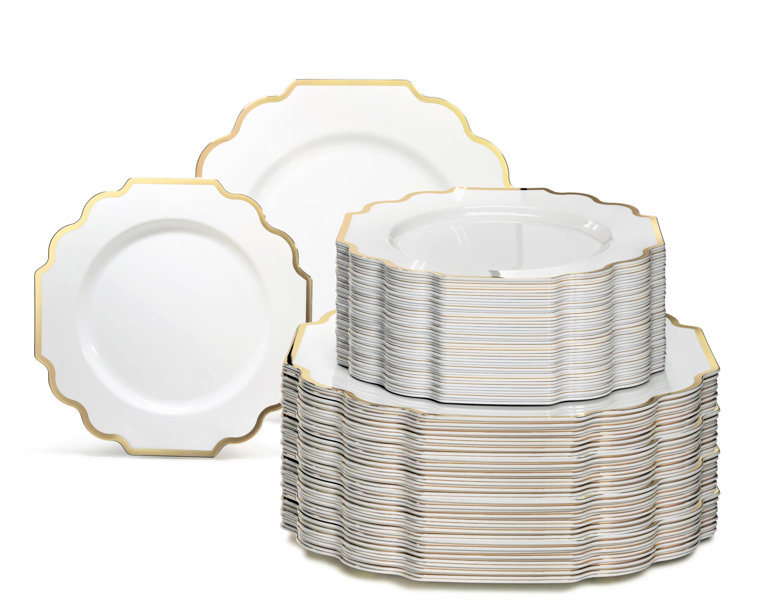 " OCCASIONS " 50 Plates Pack (25 Guests)-Heavyweight Wedding Party Disposable Plastic Plate Set -(25x10.5'' Dinner + 25x8'' Salad/Dessert) (Imperial White & Gold)